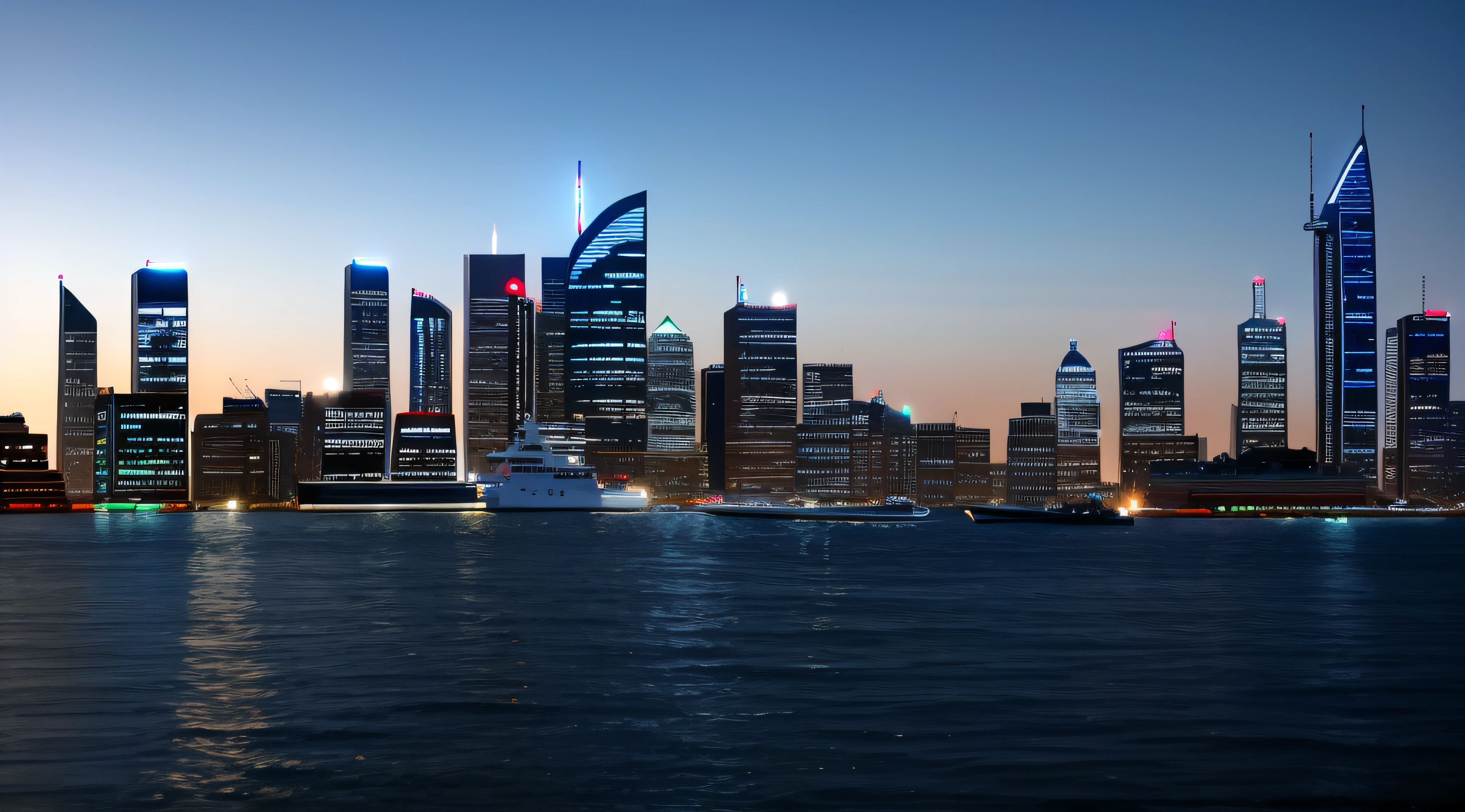 Alfel city skyline with boats in the water, skyline showing, super wide view of a cityscape, city skyline in the background, wide - shot, wide wide shot, urban in the background, City in the background, ; Wide shot, super wide shot, wide wide shot, The city skyline is behind, City view