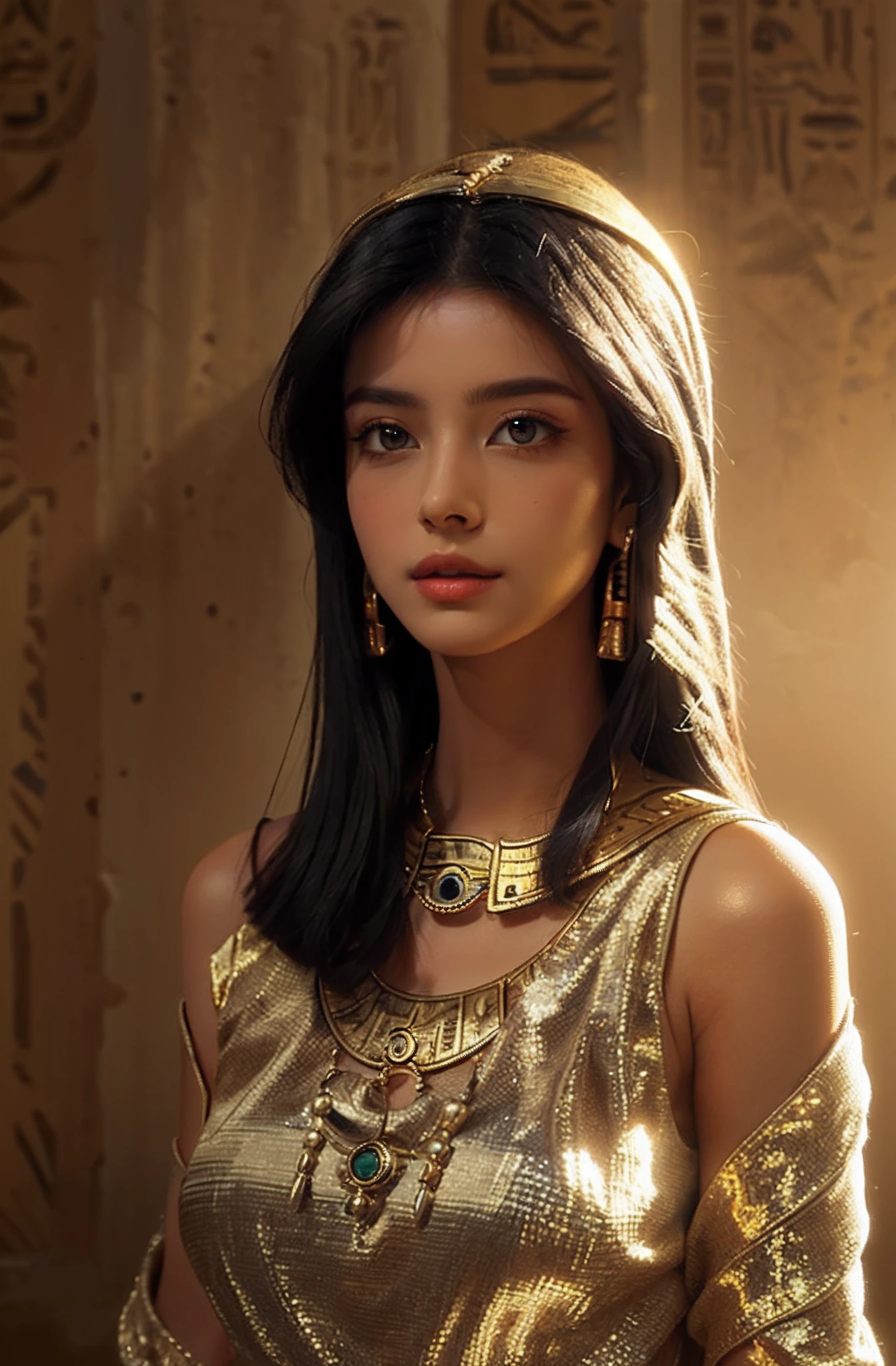 （Egyptian lady），sportrait，，((Above the shoulder，facial closeups))，Detailed and realistic，beauitful face，Qi bangs，Beautiful black short shoulder long hair，ancient Egyptian，（Eye makeup：1.2），（golden jewelery：1.3），（sensual lip），（Mysterious Expression），Shadow and light contrast，Neutral background：0.5，Elegant and detailed clothing：The last dynasty），ancient Egyptian