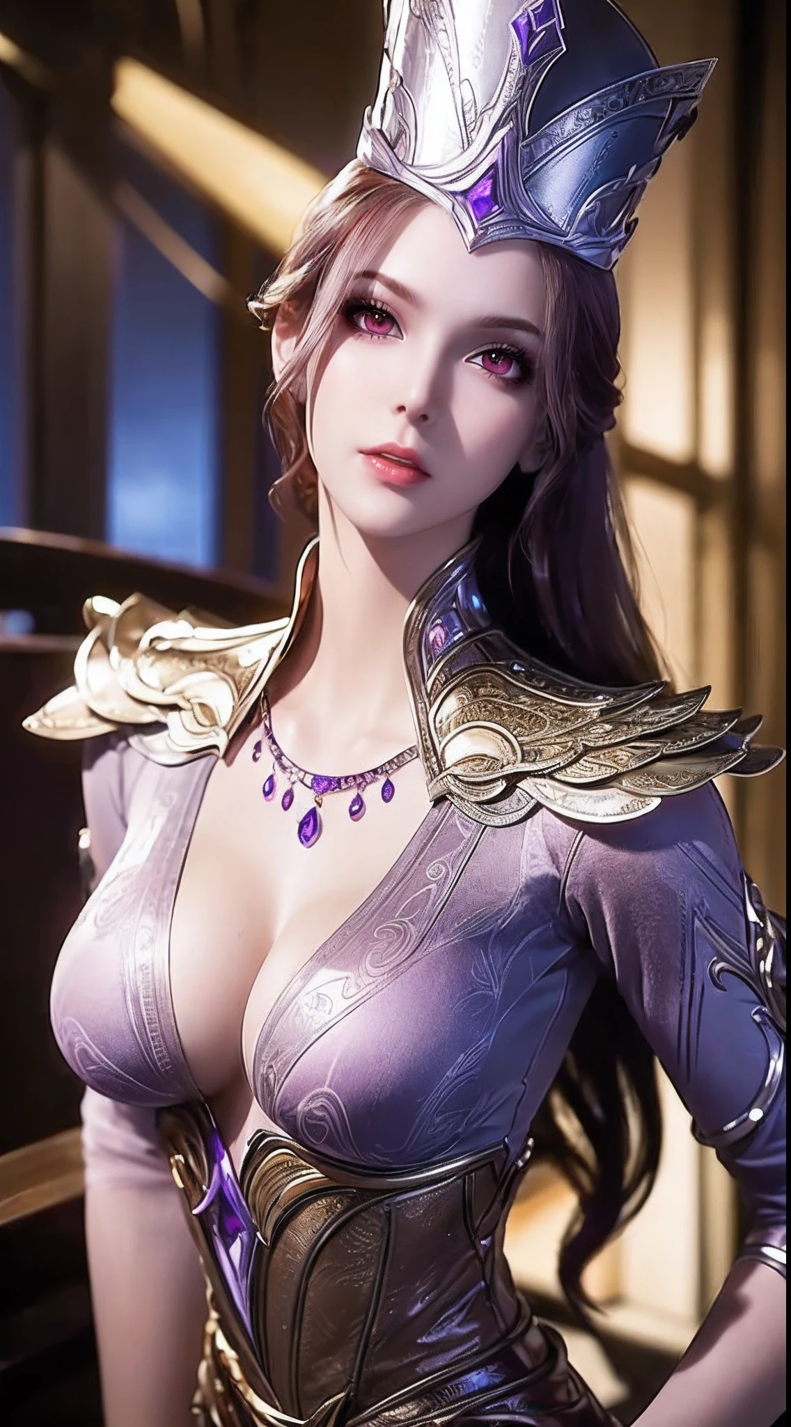 1 sexy goddess wearing sexy purple armor, armor with many intricate and sophisticated patterns, thin armor, deep slit shirt, long and silky purple hair, wearing purple silver spear hat, the most beautiful and detailed hair jewelry, beautiful little face thin eyebrows, the most beautiful and spotless face, ((black iris:0.8)), the very beautiful eyes, big round eyes, ((dark purple color eyes:1.1)), fine and detailed makeup eyelashes, high nose, wearing earrings, small red lips, rosy face, clean face, beautiful face without blemish, smooth white skin, ((big breasts: 0.9)), Blums boobs, ((big and super round breasts:0.9)), ((super tight breasts:1.2)), ((breast augmentation: 0.8)), beautiful breasts, slim and petite body, ((thin waist: 0.9)), upper body of a beautiful girl, Hot and sexy petite body, sexy girl, skirt, 8k photo, super high quality, super realistic, 10x super pixels, photo realistic, dark studio, border light, two tone light, (detailed skin high: 1.2), 8k uhd, dslr, soft light, high quality, volumetric light, candid, Photo, high resolution, light, best photo, 4k quality, 8k, Bokeh, Smooth and sharp, pixel up 10 times, (background space: 1.8), (galaxy: 1.7), aurora, lightning, super graphics, the most realistic graphics,(Aurora Background: 1.8), alone, solo, portrait 9:16, Extremely sharp, super realistic images,