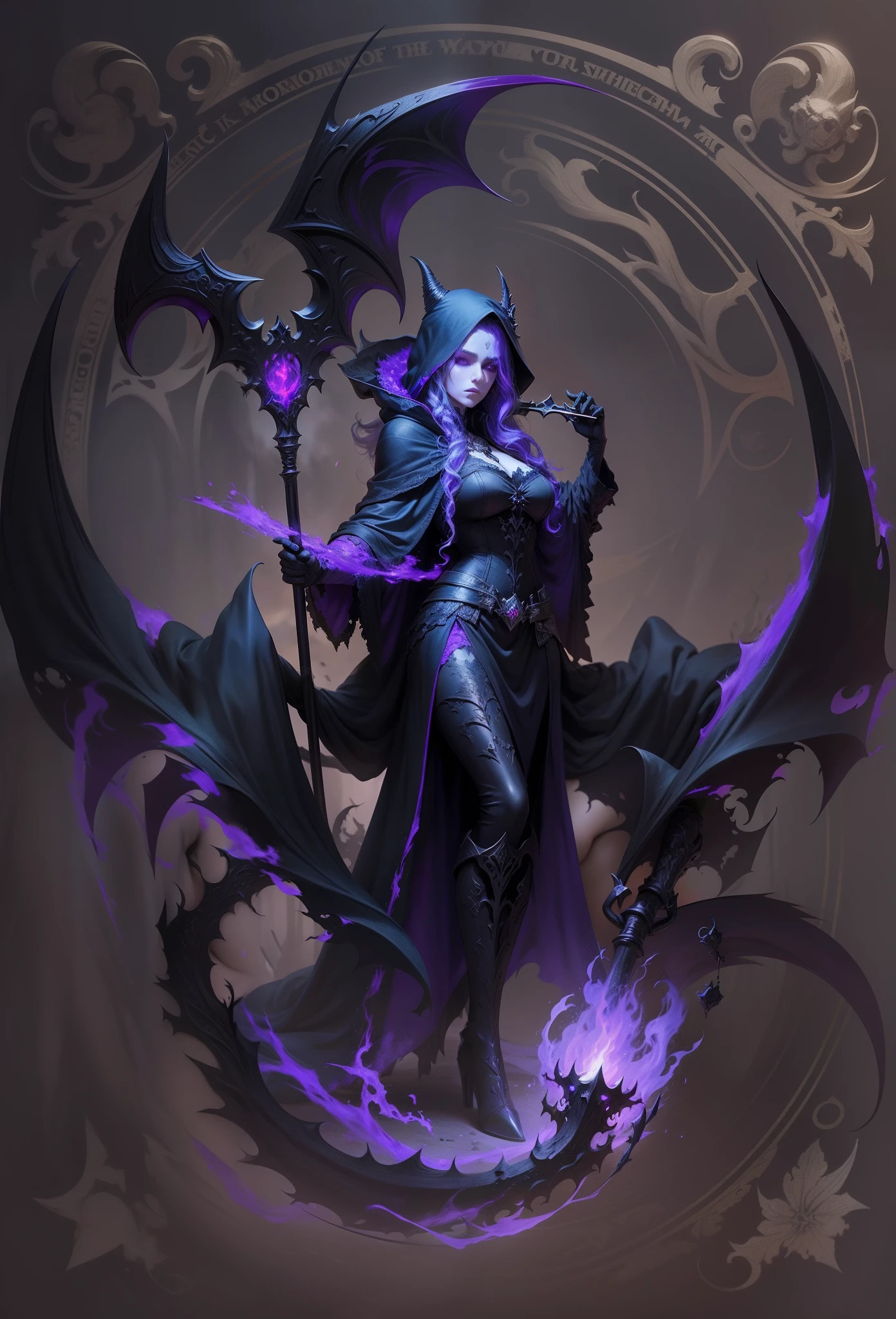 purple hair, elf, necromancer full body, skulls in the background, casting a spell