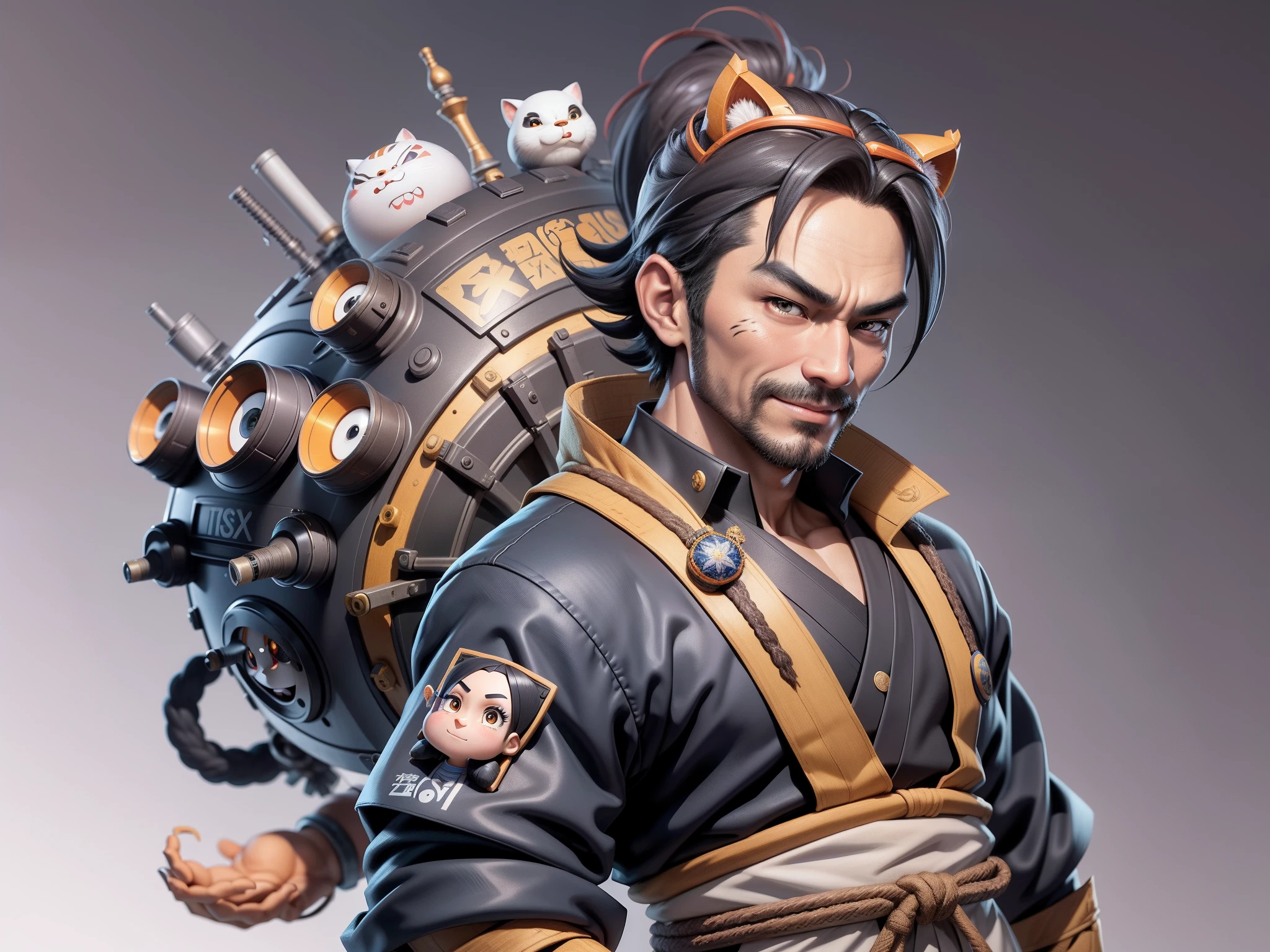 (Daisaku),(Need),(Super meticulous),(full bodyesbian:1.2),Super young man with Japanese geisha,Beautiful,orient,one tiger,Aeolian Thor,Raised sexy,爆乳,Oriental face,TV Anchor,Bust portrait illustration,In black suit,a blue tie,The face is slightly chubby,The face was clean,without a beard,Black super short hair,Black eyes,Smile confidently,3C computer sub-products,iPad, iphone,Digital painting,3D character design by Mark Clairen and Pixar and Hayao Miyazaki and Akira Toriyama,The illustration is a high-definition illustration in 4K resolution,With very detailed facial features and cartoon-style visuals。