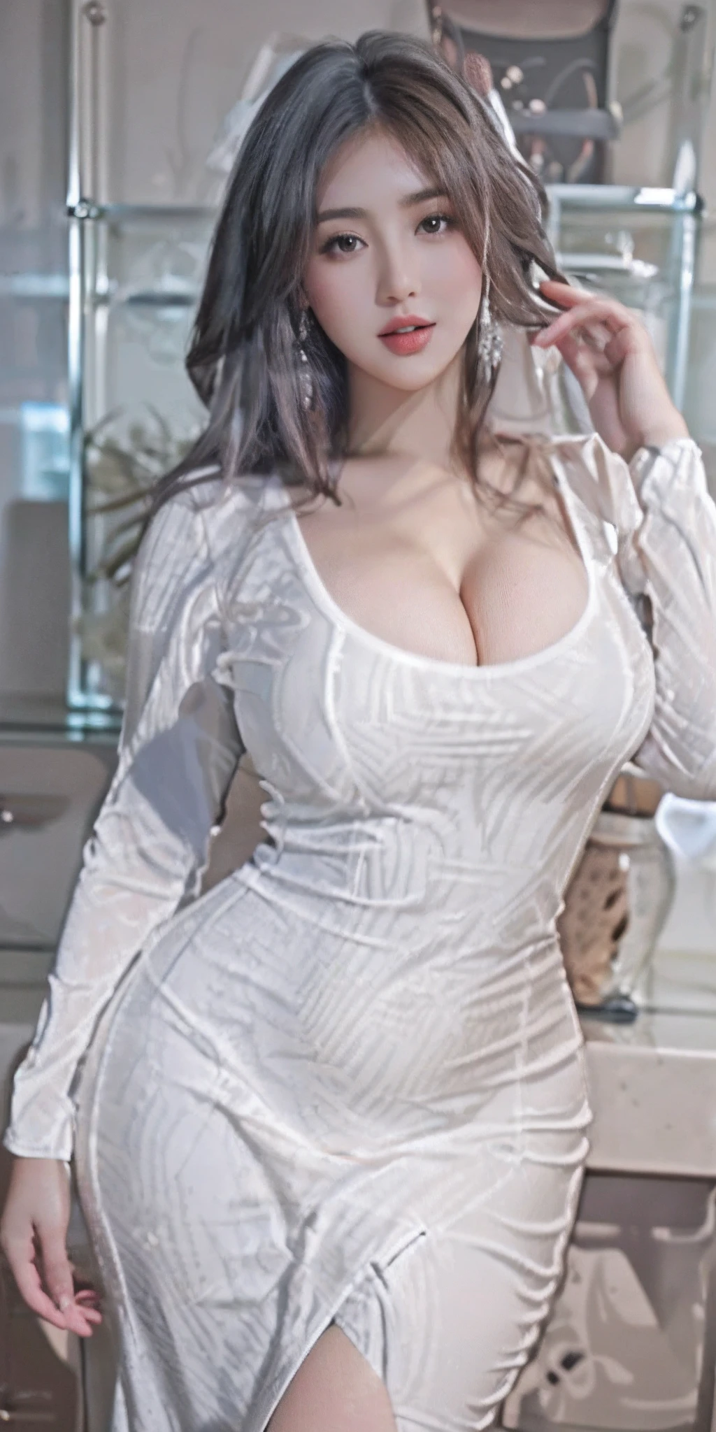 Araki woman in white dress poses in kitchen, Sexy dress, curvy hourglass figure, angela white, Busty, smooth white tight clothes suit, soft curvy shape, low cut dress, Curvy, Tight dress, smooth curvatures, elegant sleek smooth body, Hourglass figure, Curvy figure, Curvy model, clear curvy details, wears a white dress