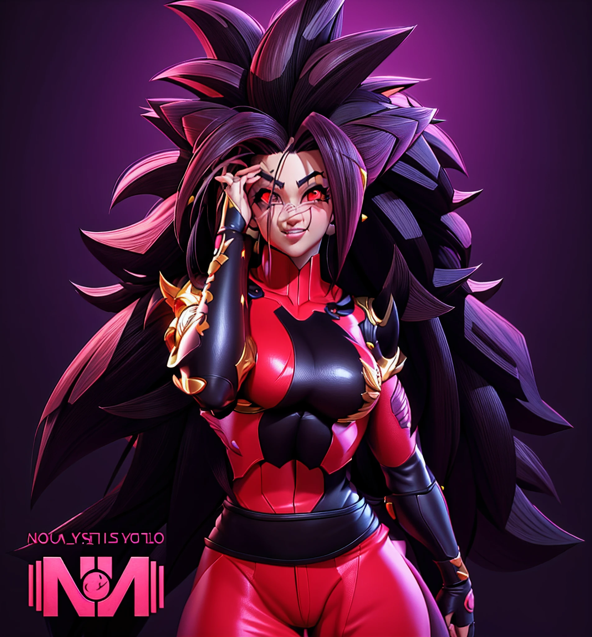 A cartoon image of a woman with a very large chest and very long hair, Fanart officiel, Saiyan fille, official artwork, Broly, Version SFW, pose intimidante, symmetry!! portrait of akuma, neuf queues, Art officiel, En tant que personnage dans Tekken, dans le style anime, Personnage de style anime, Detailed fanart, inspired by Taiyō Matsumoto, artgerm,