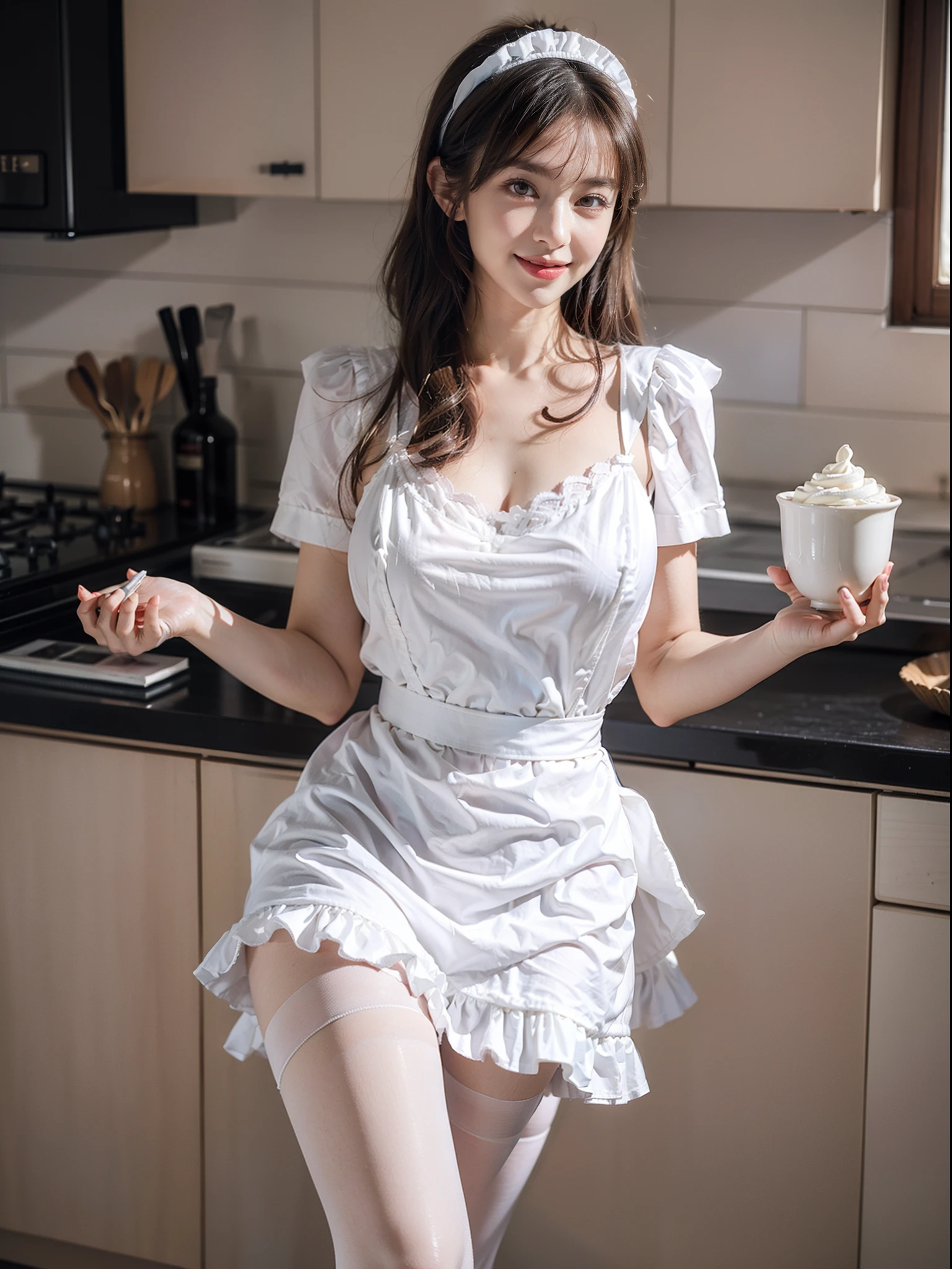 (Ultra HD), (Pink waitress:1.2, Apron with white frills), Beautiful breasts, Big Breasts, slender, Narrow waist, whole body, Standing posture, (Beautiful Skin, Shiny skin, White skin), (Super slim face, Super beautiful face, No makeup), (ponytail, Layered Cut, Fluffy hair), (double eyelid, Slanted Eyes), Small Nose, Thin lips, Thin legs, Coffee shop