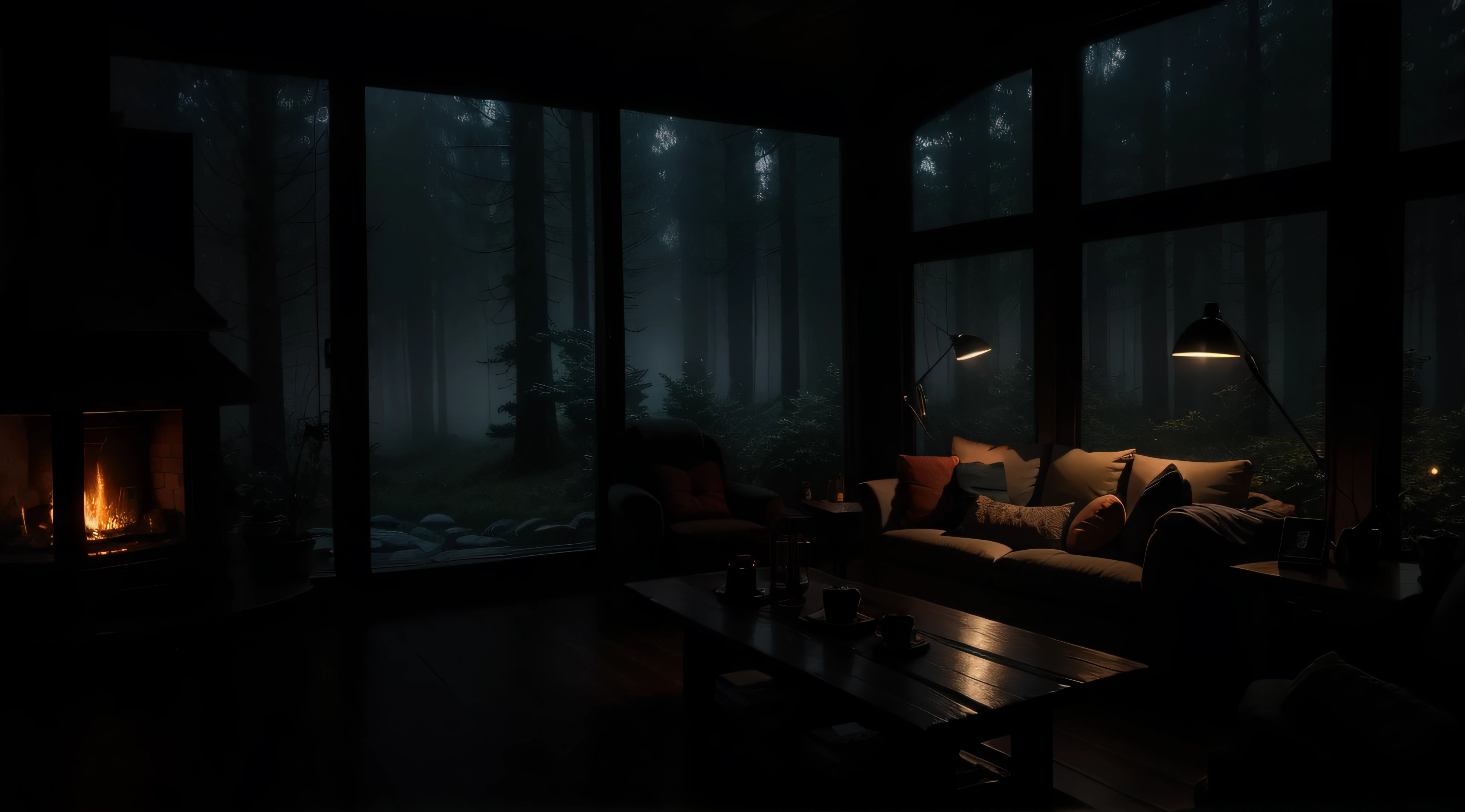 cozy living room with fireplace at night on the edge of the misty forest