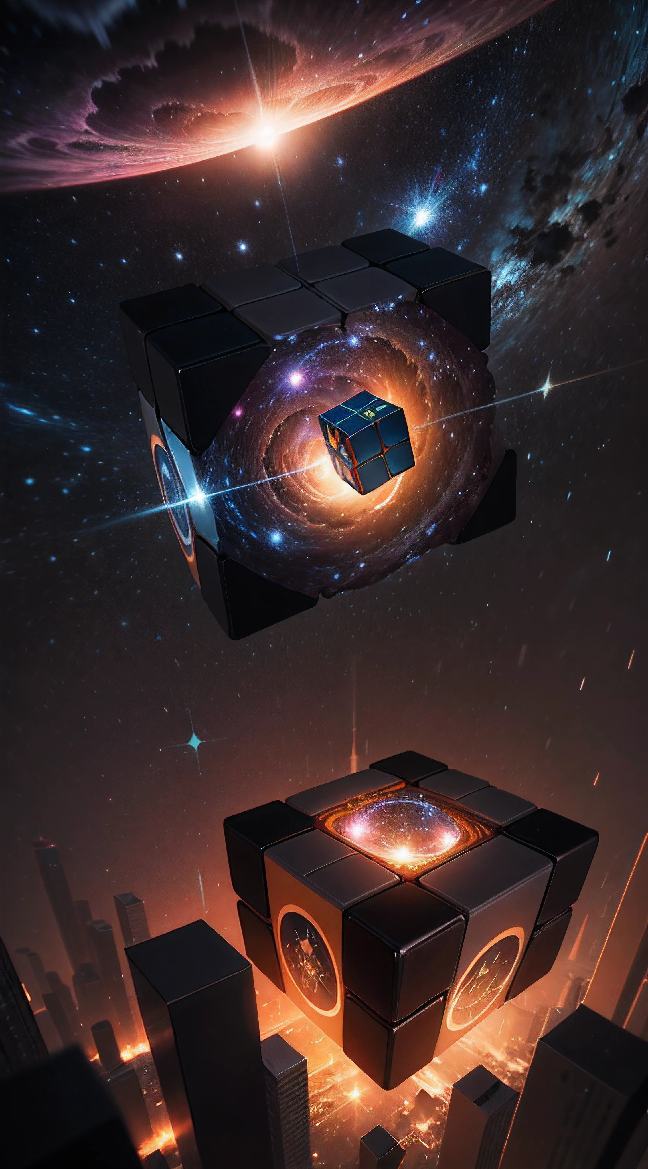 four dimensional parallel universe cosmic rubik's cube hypercube tesseract with wormholes, energy and galaxies around it. epic, dramatic, cinematic, digital art, octane render, blender, 8 k, hyperrealistic, trending on artstation
