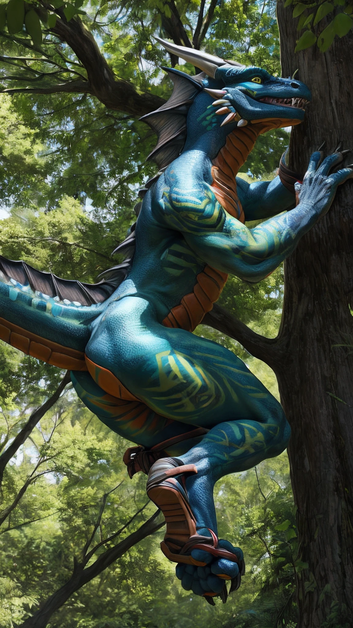 dragon，female，Android，Red Lingeri，sandals，It was tied up and hung on a tree，Bundled，HD graphics，Detailed and realistic，high detal，high qulity，photo-realistic，photorealistic eye，Detailed paws，Clear eyes，Masterpiece artwork，Five-fingered hands，top-quality，32k，hyper HD，cg art