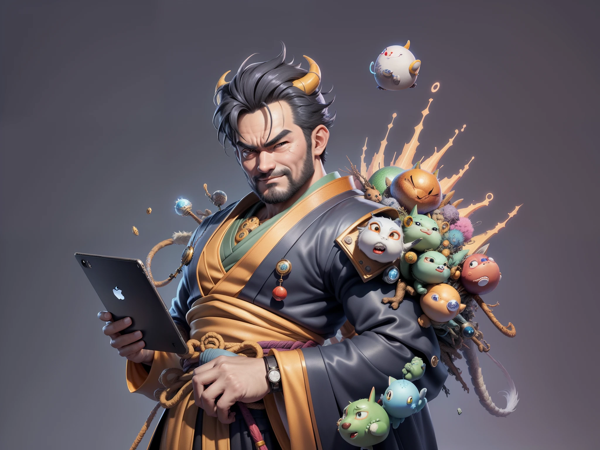 (Masterpiece), (Excellent), (Super Meticulous), (Full Body: 1.2), Super Young Man, Oriental Face, Japanese Kimono, Japanese Wind Thunder God, Dragon, Tiger, TV Anchor, Bust Portrait Illustration, Alone, Black Suit, Blue Tie, Slightly Chubby Face, Very Clean Face, No Beard, Black Super Short Hair, Black Eyes, Confident Smile, 3c Computer Sub-Products, iPad, iPhone, Digital Painting, 3D Character Design by Akira Toriyama and Mark Claireden and Pixar and Hayao Miyazaki, The illustration is a high-definition illustration in 4K resolution with very detailed facial features and cartoon-style visuals.