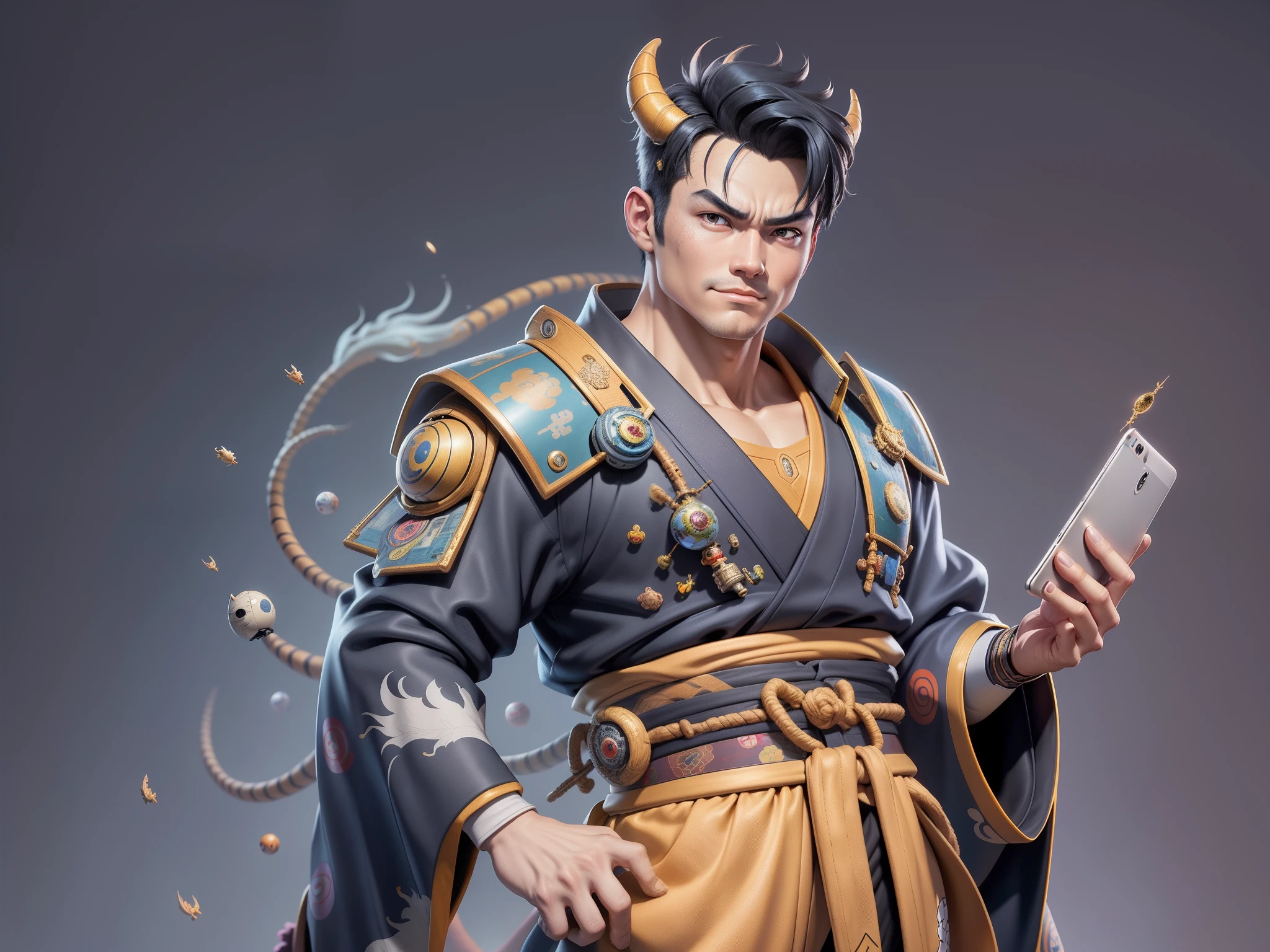 (Masterpiece), (Excellent), (Super Meticulous), (Full Body: 1.2), Super Young Man, Oriental Face, Japanese Kimono, Japanese Wind Thunder God, Dragon, Tiger, TV Anchor, Bust Portrait Illustration, Alone, Black Suit, Blue Tie, Slightly Chubby Face, Very Clean Face, No Beard, Black Super Short Hair, Black Eyes, Confident Smile, 3c Computer Sub-Products, iPad, iPhone, Digital Painting, 3D Character Design by Akira Toriyama and Mark Claireden and Pixar and Hayao Miyazaki, The illustration is a high-definition illustration in 4K resolution with very detailed facial features and cartoon-style visuals.