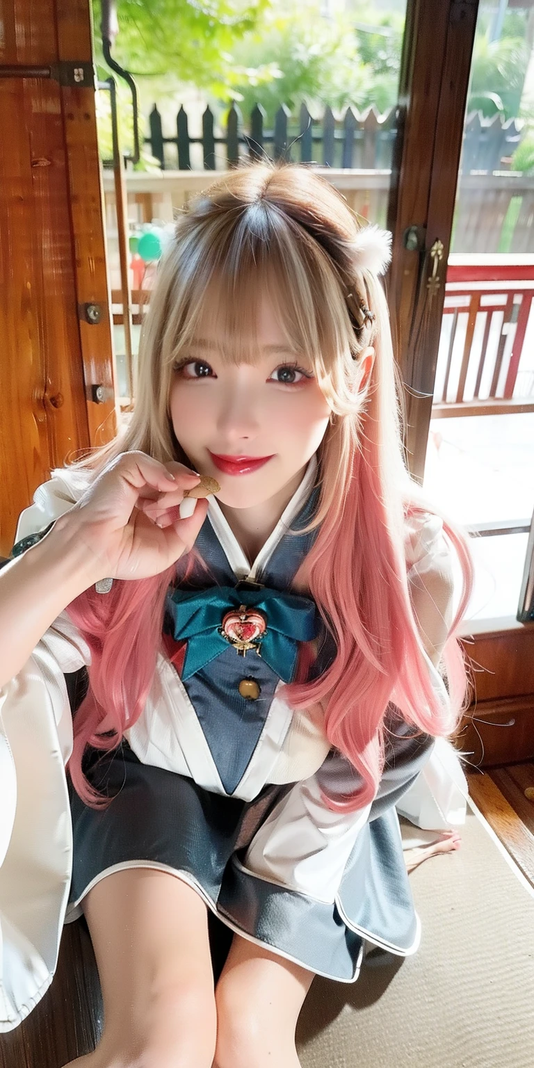 (8K, 4K, Best quality, A high resolution:1.2), (marsterpiece, Realistic, photograph realistic:1.37), 1girll, Solo, Beautiful face, eyeslashes, nase, Glossy lips, (Detailed eyes, view the viewer, Fair skin, White skin:1.5), fine complexion, Upper body, Large breasts, Busty, , (:1.5), Outdoor onsen, two sides up, Absurdly long hair, Blonde hair, Pink hair, bangs, hair adornments, bow, Younger, aged down,Long, slender long legs