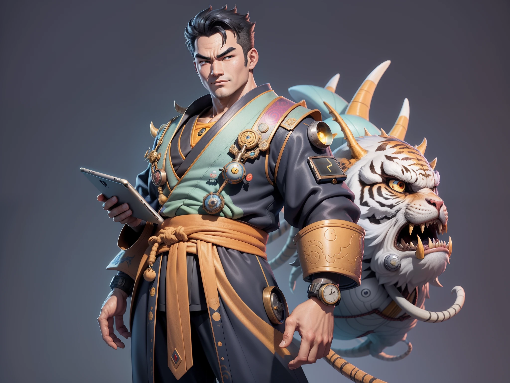 (Masterpiece), (Excellent), (Super Meticulous), (Full Body: 1.2), Super Young Man, Oriental Face, Japanese Kimono, Japanese Wind Thunder God, Dragon, Tiger, TV Anchor, Bust Portrait Illustration, Alone, Black Suit, Blue Tie, Slightly Chubby Face, Very Clean Face, No Beard, Black Super Short Hair, Black Eyes, Confident Smile, 3c Computer Sub-Products, iPad, iPhone, Digital Painting, 3D Character Design by Akira Toriyama and Mark Claireden and Pixar and Hayao Miyazaki, The illustration is a high-definition illustration in 4K resolution with very detailed facial features and cartoon-style visuals.