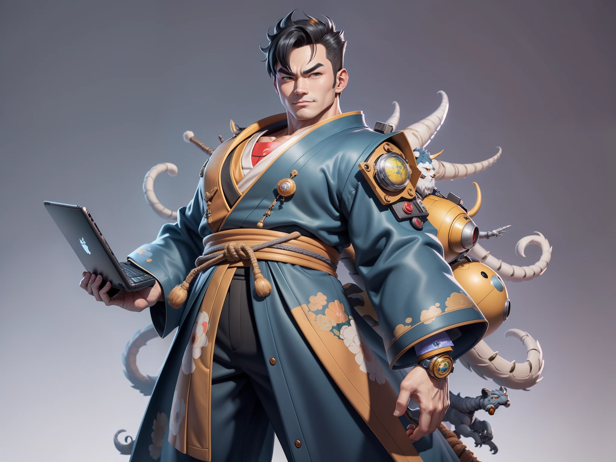 (Masterpiece), (Excellent), (Super Meticulous), (Full Body: 1.2), Super Young Man, Oriental Face, Japanese Kimono, Japanese Wind Thunder God, Dragon, Tiger, TV Anchor, Bust Portrait Illustration, Alone, Black Suit, Blue Tie, Slightly Chubby Face, Very Clean Face, No Beard, Black Super Short Hair, Black Eyes, Confident Smile, 3c Computer Sub-Products, iPad, iPhone, Digital Painting, 3D Character Design by Akira Toriyama and Mark Claireden and Pixar and Hayao Miyazaki, The illustration is a high-definition illustration in 4K resolution with very detailed facial features and cartoon-style visuals.