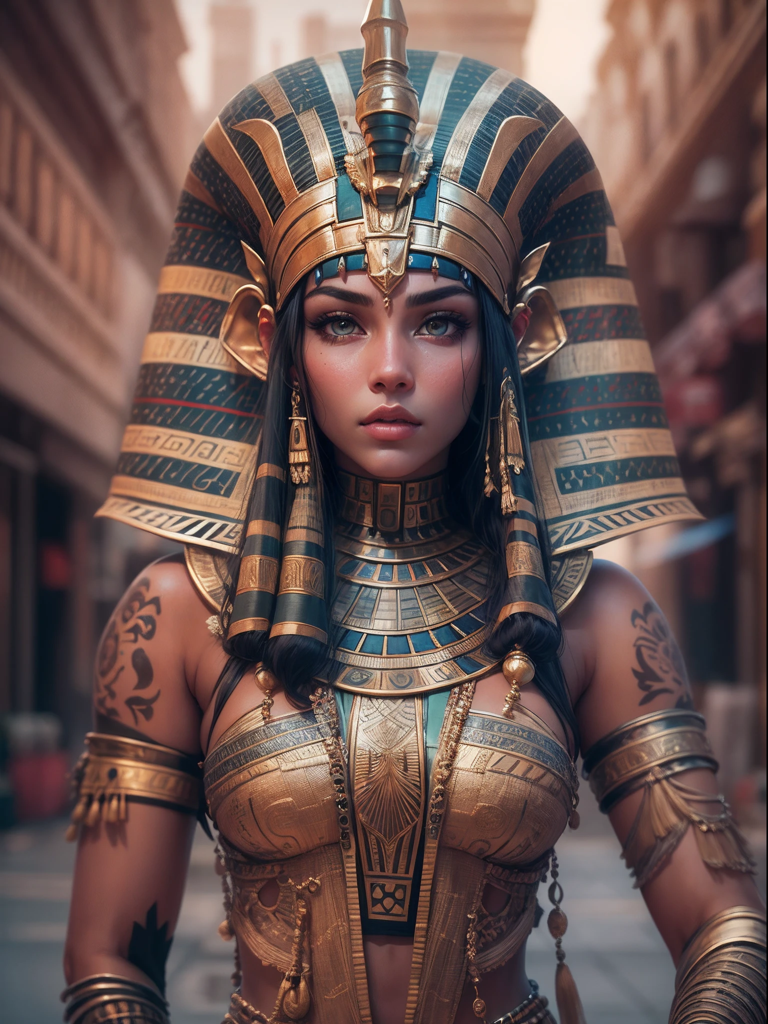 (((full body shot))), thigh gap, perfect body,(best quality,ultra - detailed,Most Best photograph,Best Shadow,masterpiece,high resolution,professionalartwork,famousartwork),(Detailed eyes),(cleavage),sci-fi,face markings,tattooed, (fractalized,Fractal Eyes,((Details of face),egyptian goddess, ancient goddess, extremely high detail,Highly detailed footage of the goddess, black hair, square cut hair, fitted white dress, egyptian jewels, tanned skin, brown skin, pale eyes, shiny green eyes, large eyes, pyramid in the desert, zoomed moon above, Stone sculpture depiction of woman with moon in hair