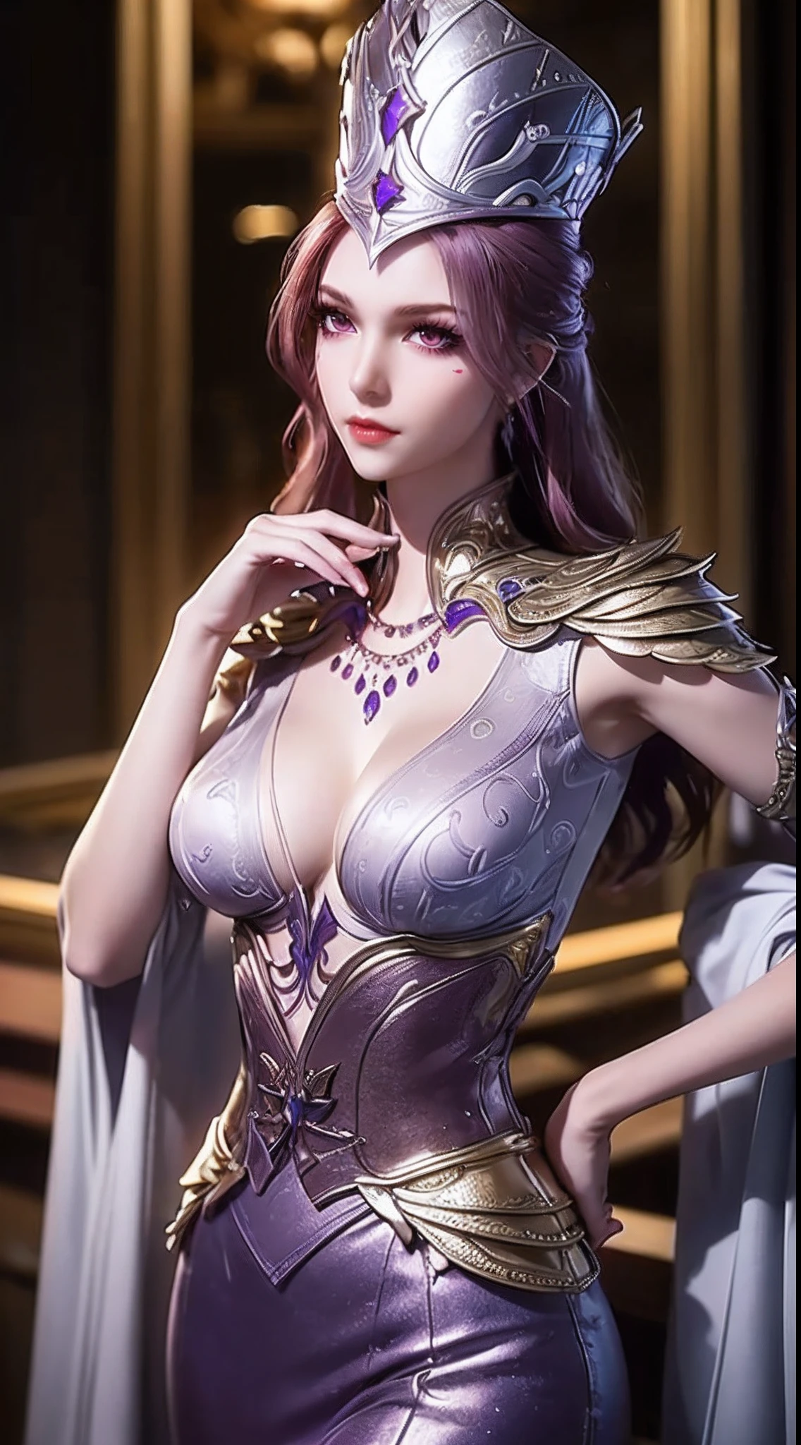 1 sexy goddess wearing sexy purple armor, armor with many intricate and sophisticated patterns, thin armor, deep slit shirt, long and silky purple hair, wearing purple silver spear hat, the most beautiful and detailed hair jewelry, beautiful little face thin eyebrows, the most beautiful and spotless face, ((black iris:0.8)), the very beautiful eyes, big round eyes, ((dark purple color eyes:1.1)), fine and detailed makeup eyelashes, high nose, wearing earrings, small red lips, rosy face, clean face, beautiful face without blemish, smooth white skin, ((big breasts: 0.9)), Blums boobs, ((big and super round breasts:0.9)), ((super tight breasts:1.2)), ((breast augmentation: 0.8)), beautiful breasts, slim and petite body, ((thin waist: 0.9)), upper body of a beautiful girl, Hot and sexy petite body, sexy girl, skirt, 8k photo, super high quality, super realistic, 10x super pixels, photo realistic, dark studio, border light, two tone light, (detailed skin high: 1.2), 8k uhd, dslr, soft light, high quality, volumetric light, candid, Photo, high resolution, light, best photo, 4k quality, 8k, Bokeh, Smooth and sharp, pixel up 10 times, (background space: 1.8), (galaxy: 1.7), aurora, lightning, super graphics, the most realistic graphics,(Aurora Background: 1.8), alone, solo, portrait 9:16, Extremely sharp, super realistic images,