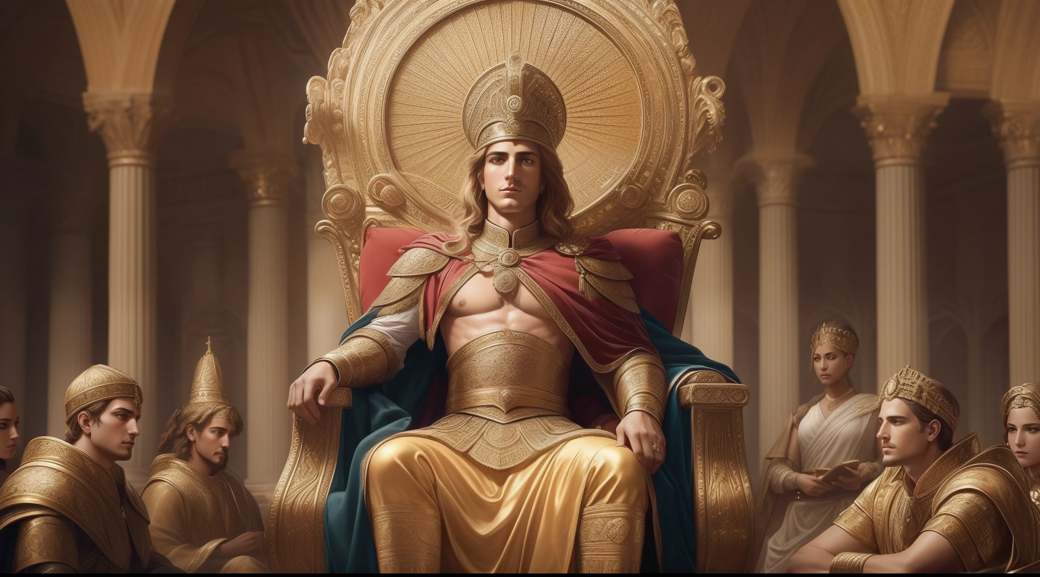 {{A regal depiction of Alexander the Great}}, {{surrounded by his loyal generals}}, {{gathered in a grand chamber}}. {{Alexander sits on a lavish throne, his gaze fixed on a celestial map spread out before him}}, {{while his generals stand around him, their expressions a mix of curiosity and reverence}}. This is a {{historical}}-inspired image that showcases {{intricate details of their armor and robes}}. The {{indoor}} environment/background should be {{an opulent palace with ornate pillars and intricate tapestries}} to create an {{atmosphere of power and ambition}}. The image should be in the style of a {{digital illustration}}, incorporating elements of {{classical artistry and Renaissance portraiture}}. The {{medium shot}} shot, captured with a {{135mm+}} lens, will provide a {{majestic and intimate perspective}}. The lighting should be {{warm and dramatic}}, emphasizing {{subtle highlights and deep shadows}}. The desired level of detail is {{captivating}}, with a {{high-resolution}} resolution, highlighting {{intricate facial features and ornate decorations}}. The goal is to create a {{captivating and awe-inspiring}} image that captivates viewers with its {{sense of historical grandeur and significance}}.