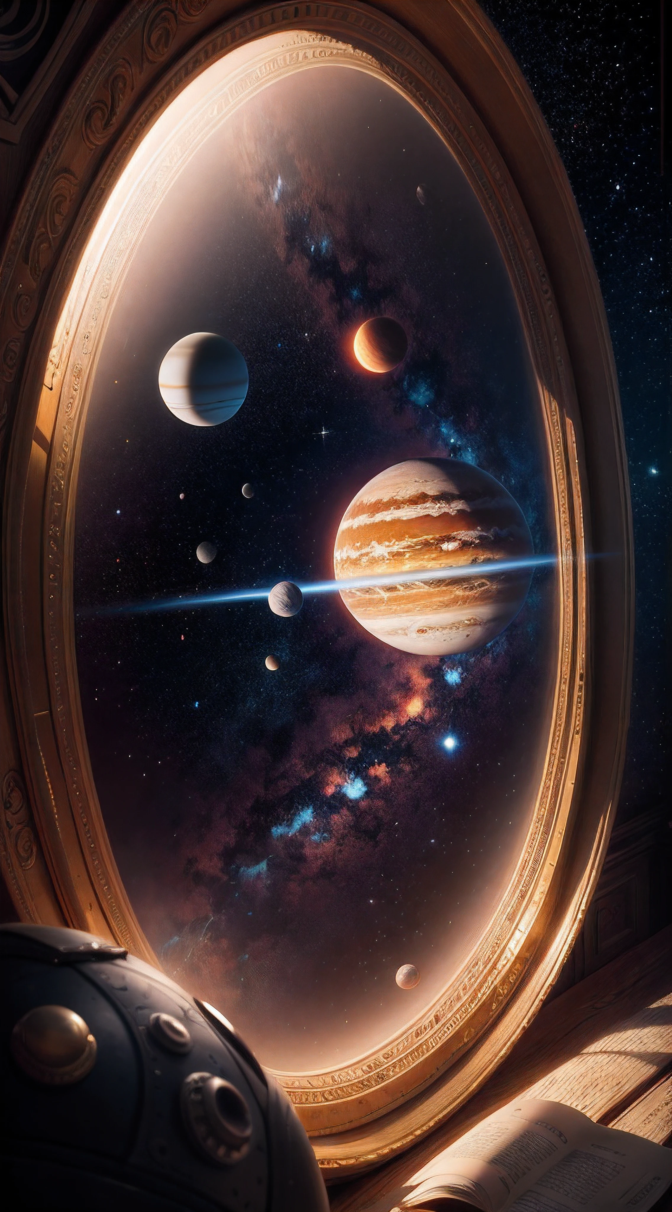Bygone Visions of Cosmic Neighbors :: .5 space, .2 planets and stars, .6 cosmic, detailed, .5 Herbert George Wells, in the theme style of Herbert George Wells :: --ar 9:16 --stylize 3500 --q 2 --v 3 --uplight