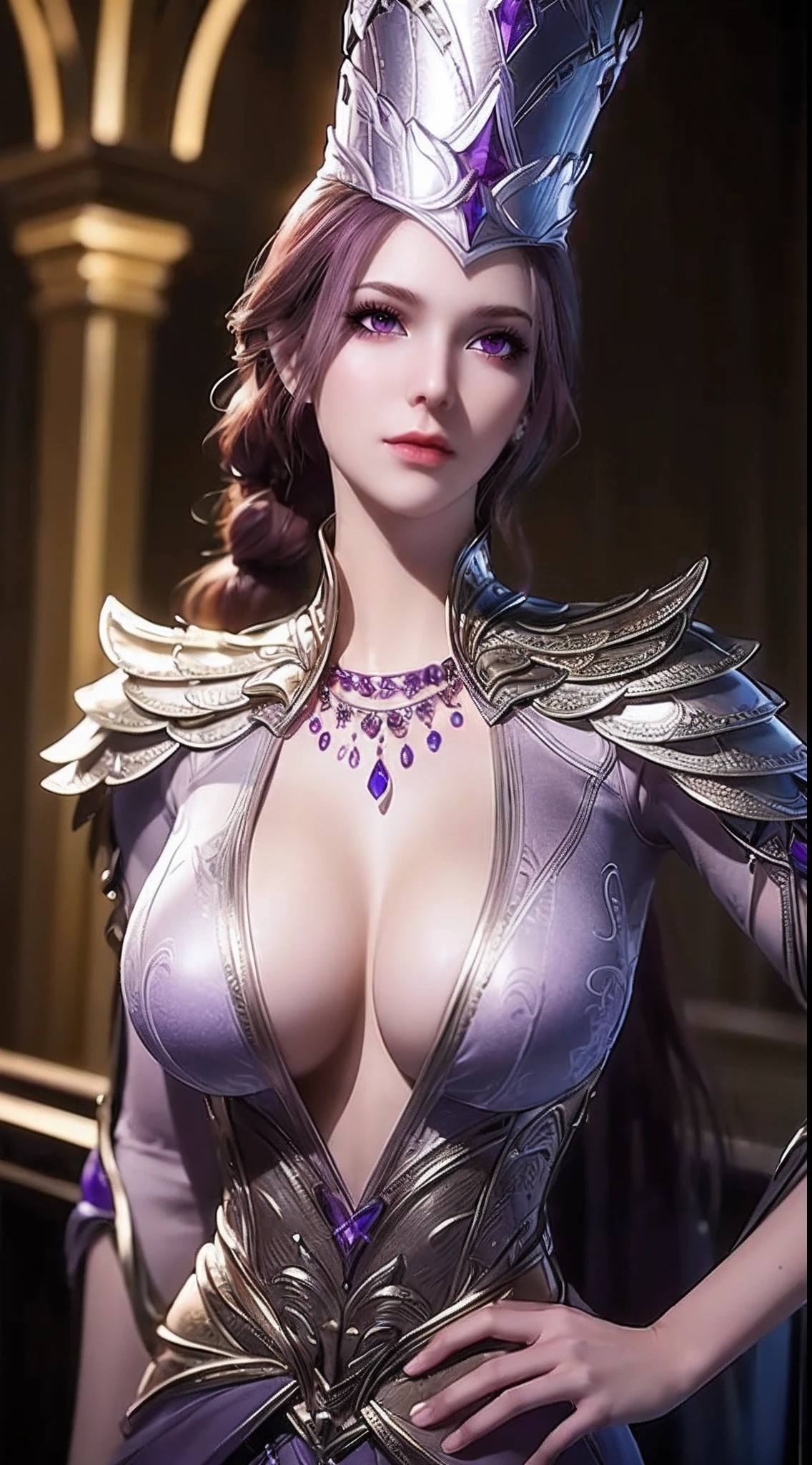 1 sexy goddess wearing sexy purple armor, armor with many intricate and sophisticated patterns, thin armor, deep slit shirt, long and silky purple hair, wearing purple silver spear hat, the most beautiful and detailed hair jewelry, beautiful little face thin eyebrows, the most beautiful and spotless face, ((black iris:0.8)), the very beautiful eyes, big round eyes, ((dark purple color eyes:1.1)), fine and detailed makeup eyelashes, high nose, wearing earrings, small red lips, rosy face, clean face, beautiful face without blemish, smooth white skin, ((big breasts: 0.9)), Blums boobs, ((big and super round breasts:0.9)), ((super tight breasts:1.2)), ((breast augmentation: 0.8)), beautiful breasts, slim and petite body, ((thin waist: 0.9)), upper body of a beautiful girl, Hot and sexy petite body, sexy girl, skirt, 8k photo, super high quality, super realistic, 10x super pixels, photo realistic, dark studio, border light, two tone light, (detailed skin high: 1.2), 8k uhd, dslr, soft light, high quality, volumetric light, candid, Photo, high resolution, light, best photo, 4k quality, 8k, Bokeh, Smooth and sharp, pixel up 10 times, (background space: 1.8), (galaxy: 1.7), aurora, lightning, super graphics, the most realistic graphics,(Aurora Background: 1.8), alone, solo, portrait 9:16, Extremely sharp, super realistic images,