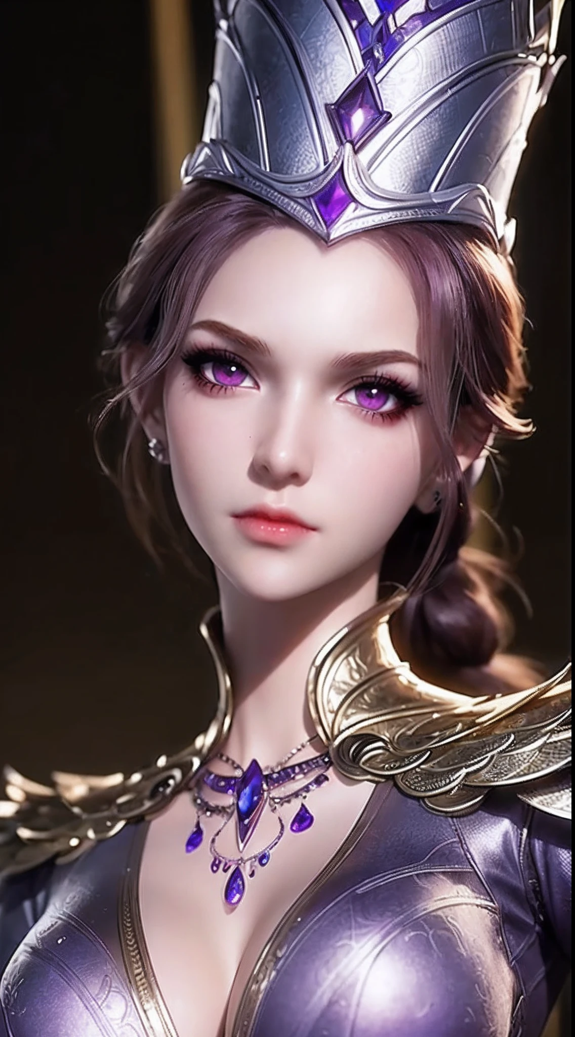 1 sexy goddess wearing sexy purple armor, armor with many intricate and sophisticated patterns, thin armor, deep slit shirt, long and silky purple hair, wearing purple silver spear hat, the most beautiful and detailed hair jewelry, beautiful little face thin eyebrows, the most beautiful and spotless face, ((black iris:0.8)), the very beautiful eyes, big round eyes, ((dark purple color eyes:1.1)), fine and detailed makeup eyelashes, high nose, wearing earrings, small red lips, rosy face, clean face, beautiful face without blemish, smooth white skin, ((big breasts: 0.9)), Blums boobs, ((big and super round breasts:0.9)), ((super tight breasts:1.2)), ((breast augmentation: 0.8)), beautiful breasts, slim and petite body, ((thin waist: 0.9)), upper body of a beautiful girl, Hot and sexy petite body, sexy girl, skirt, 8k photo, super high quality, super realistic, 10x super pixels, photo realistic, dark studio, border light, two tone light, (detailed skin high: 1.2), 8k uhd, dslr, soft light, high quality, volumetric light, candid, Photo, high resolution, light, best photo, 4k quality, 8k, Bokeh, Smooth and sharp, pixel up 10 times, (background space: 1.8), (galaxy: 1.7), aurora, lightning, super graphics, the most realistic graphics,(Aurora Background: 1.8), alone, solo, portrait 9:16, Extremely sharp, super realistic images,