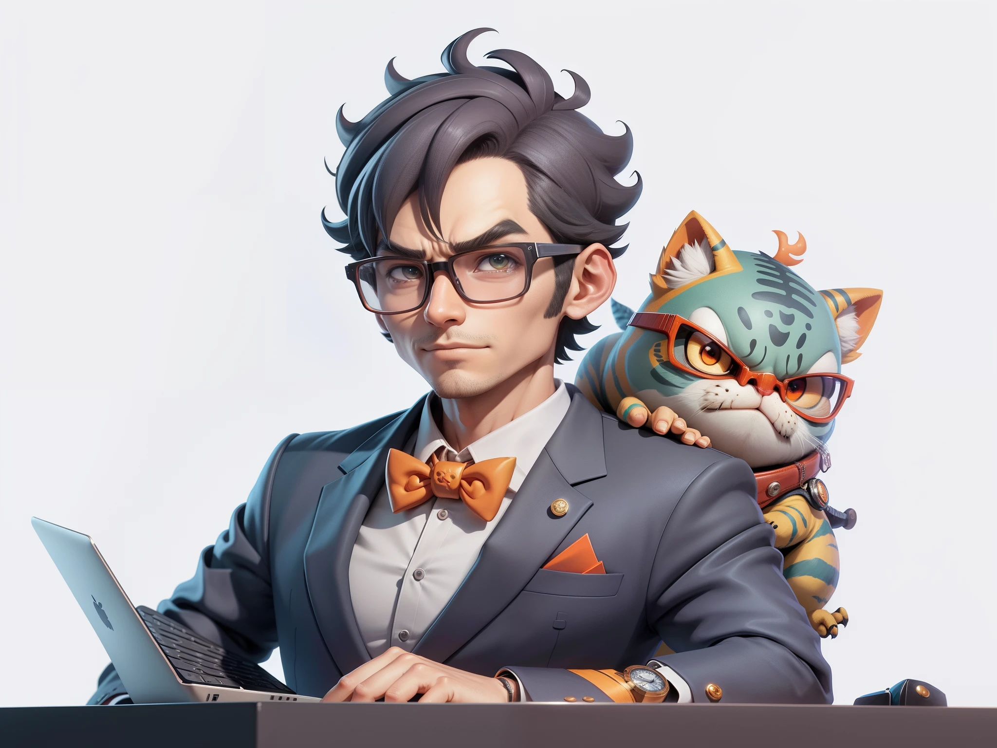 A young man in a suit, Short hair and glasses sat at his desk,holding laptop,digitial painting,tigre,3D character design by Mark Clairen and Pixar and Hayao Miyazaki and Akira Toriyama,4K HD illustration,Very detailed facial features and cartoon-style visuals。