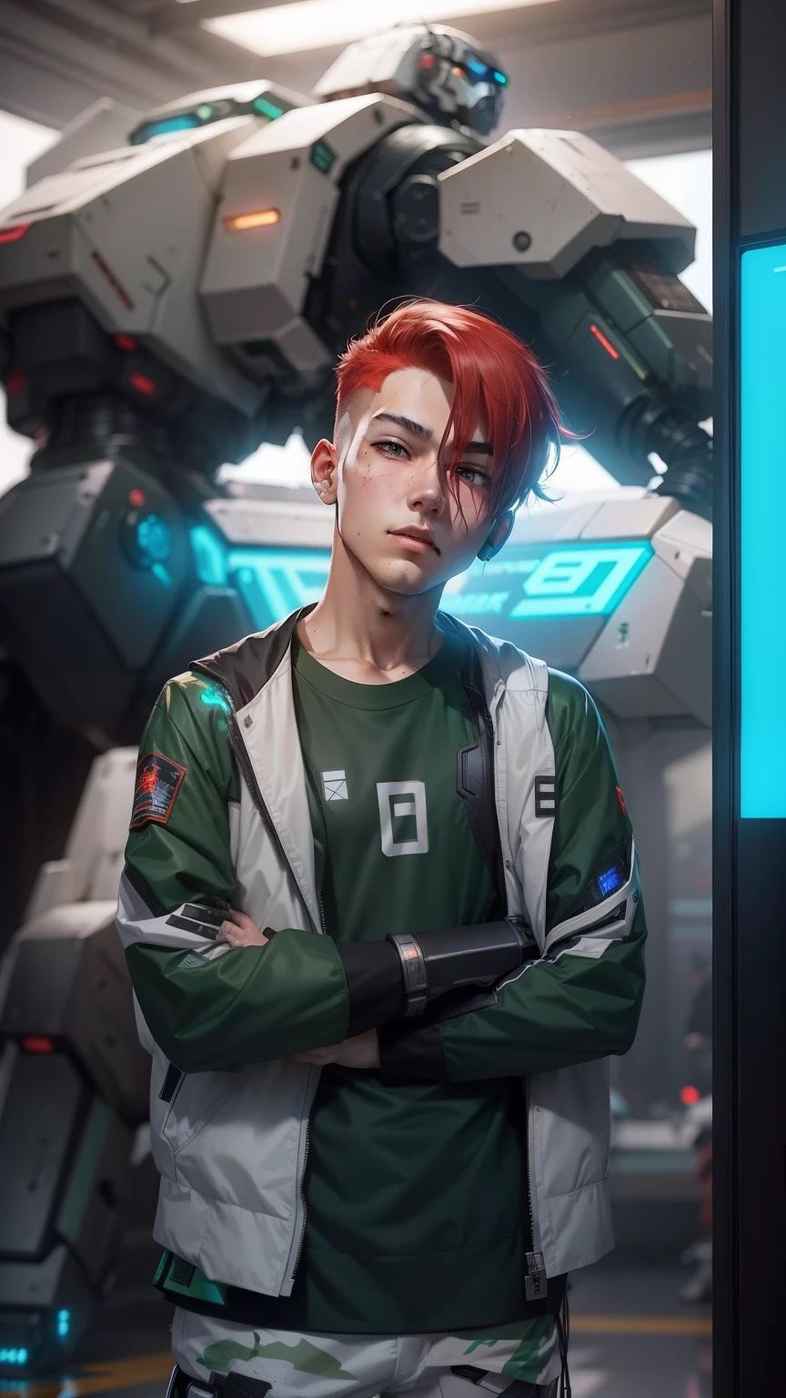red head in real short sleeves stands next to a giant robot, Boy in mech cyber armor, Cyberpunk anime mech, Male mech, cgsociety and fenghua zhong, anime mecha aesthetic, mechanization, Handsome white boy cyborg, cyberpunk, green military camo, dynamic scene, 2 0 y. gal , mecha asthetic, Robot boy
Boy in shorts and jacket standing next to giant robot, Guweiz style artwork, CyberPunk mech, Trends on CGSTATION, Guweiz, Russell Dongjun Lu, digital cyberpunk anime art, Ross Tran 8 K, Guweiz on ArtStation Pixiv, boy in mecha network armor