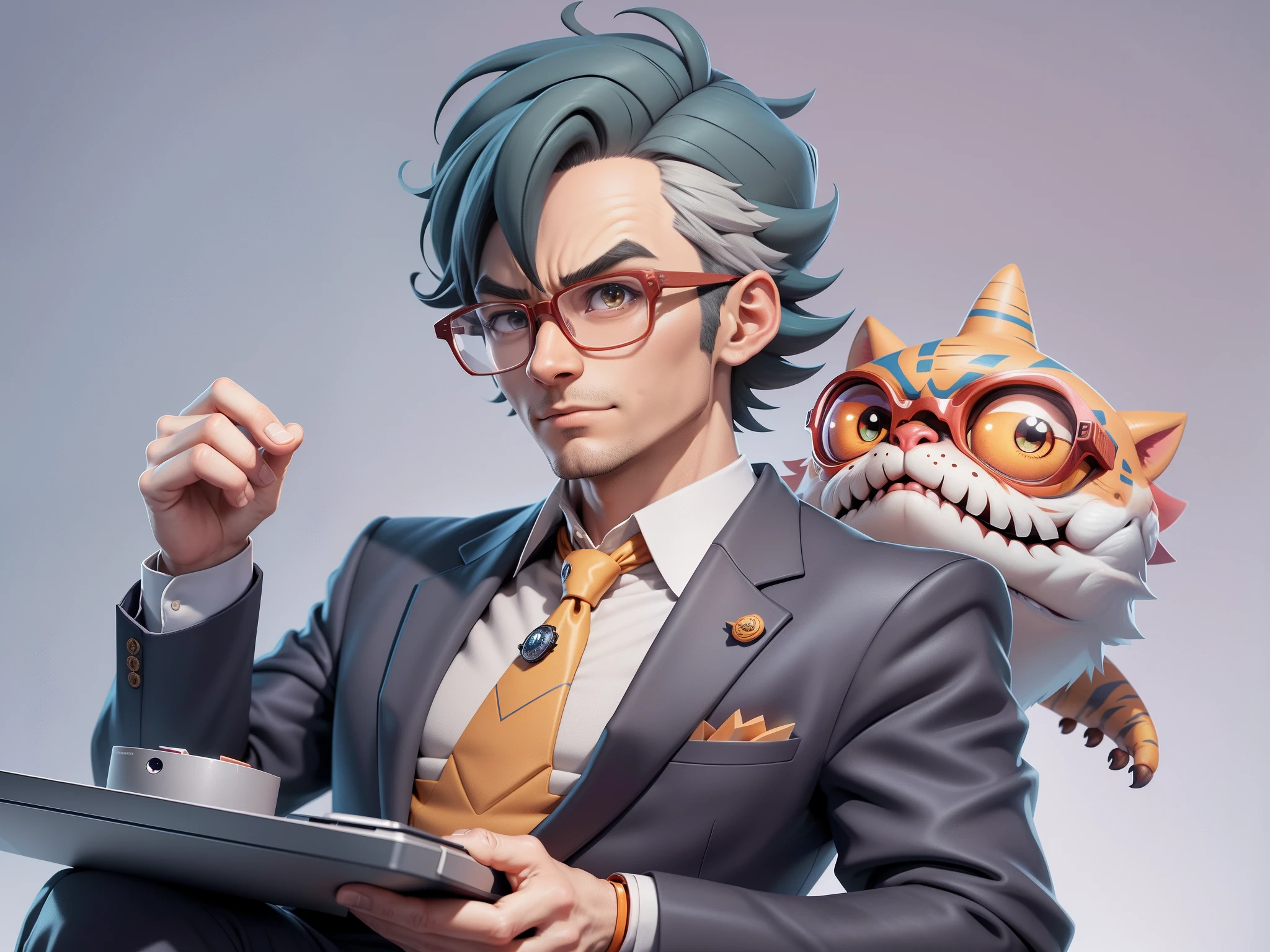 (Masterpiece), (Extreme Quality), (Super Meticulous), (Full Body: 1.2), Super Young Man, Chinese Dragon, Tiger, Wind God Thor, Sexy, Bursting, Oriental Face, TV Anchor, Bust Portrait Illustration, Black Formal Suit, Blue Tie, Slightly Chubby Face, Silver Glasses, Very Clean Face, No Beard on Chin, Black Super Short Hair, Black Eyes, Confident Smile, 3c Computer Sub-Products, iPad, iPhone, Digital Painting, 3D Character Design by Mark Claireden and Pixar and Hayao Miyazaki and Akira Toriyama, The illustration is a high-definition illustration in 4K resolution with very detailed facial features and cartoon-style visuals.