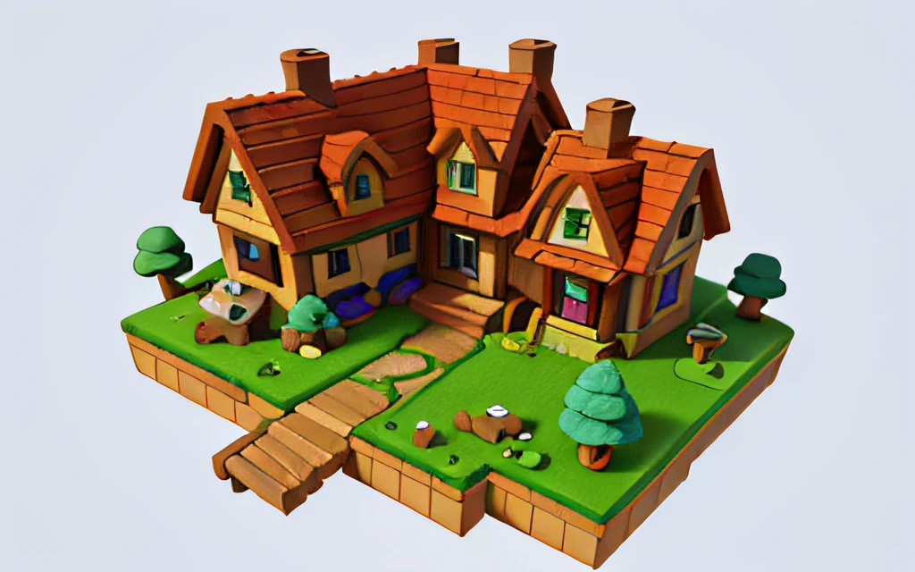 Cartoon style, polygon, game architecture design, fantasy, beautiful house, forest architecture, small animals, casual game style, creative, best detail, 3d, blender, Masterpiece, best quality, cartoon rendering, 8K