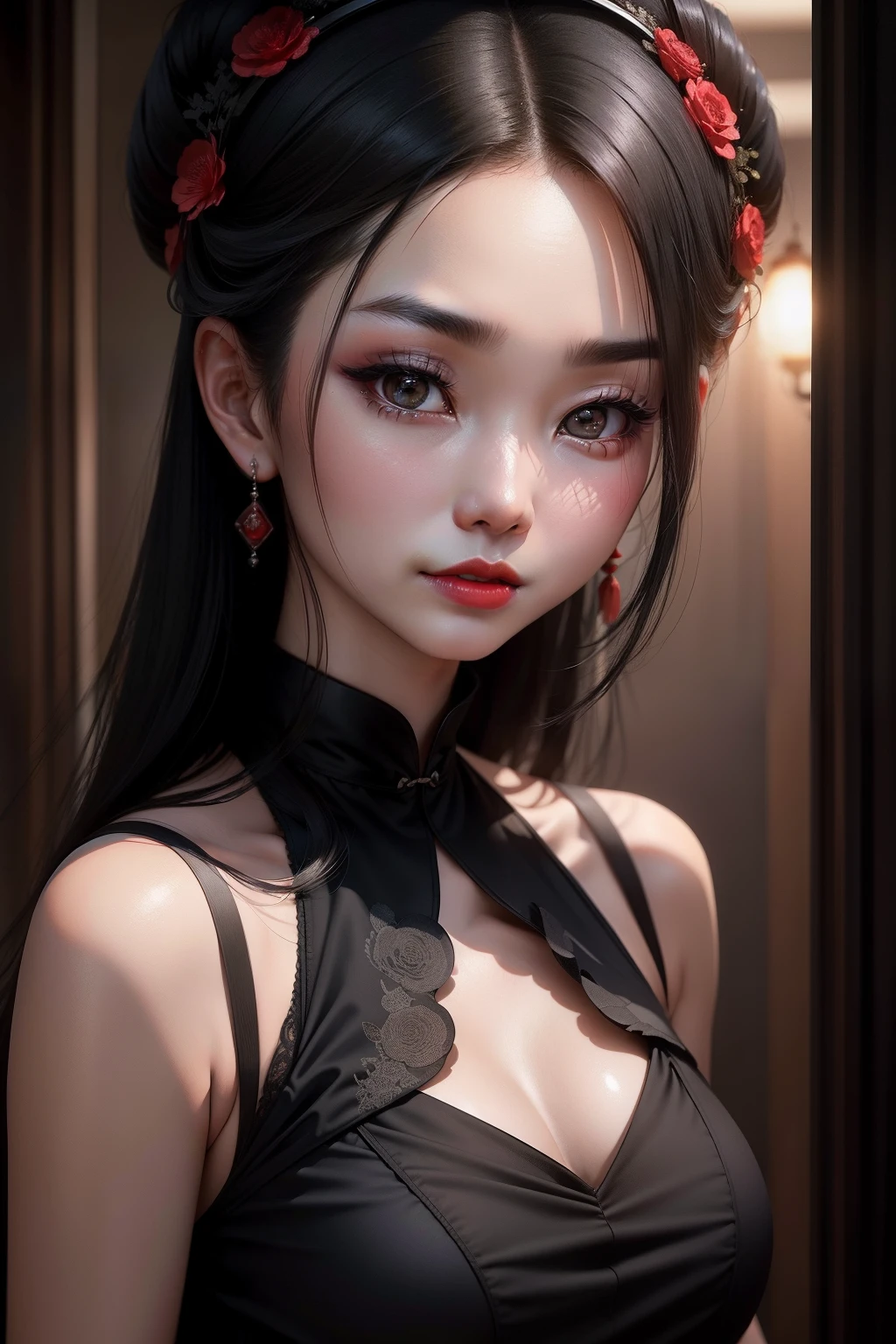 One was wearing a black dress，Close-up of a woman with red lipstick，Bright Asian faces，Looks like Qiu Shuzhen，The picture has an eerie atmosphere。