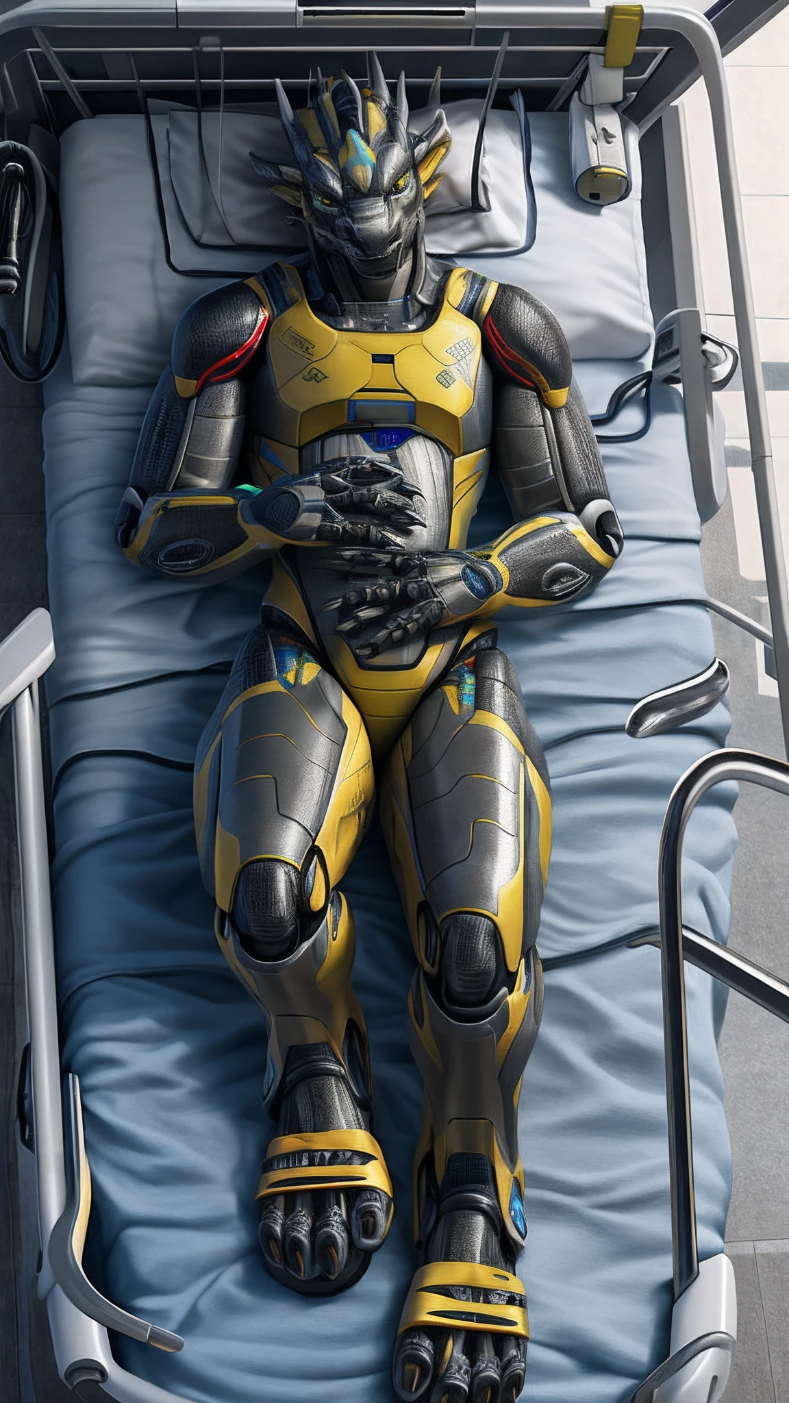 Bionic robot dragon,female,Android,Red Lingeri,sandals,Lying in a hospital bed,Bundled,HD graphics,Detailed and realistic,high detal,high qulity,photo-realistic,photorealistic eye,Detailed paws,Clear eyes,Masterpiece artwork,Five-fingered hands,top-quality,32k,hyper HD,cg art