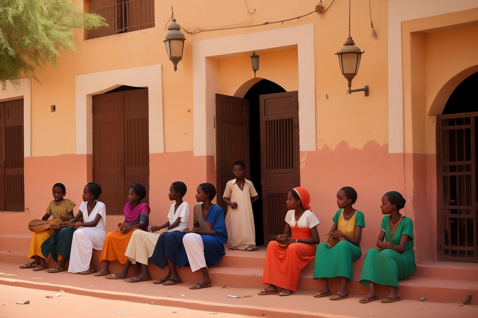 Year: 2020
Country: Sudan
Description: In the bustling streets of Khartoum, a group of friends gathers at a beautifully restored colonial-era mansion. Teenagers play traditional instruments, while adults in flowing garments engage in lively discussions about art and culture, surrounded by vibrant bougainvillaea.