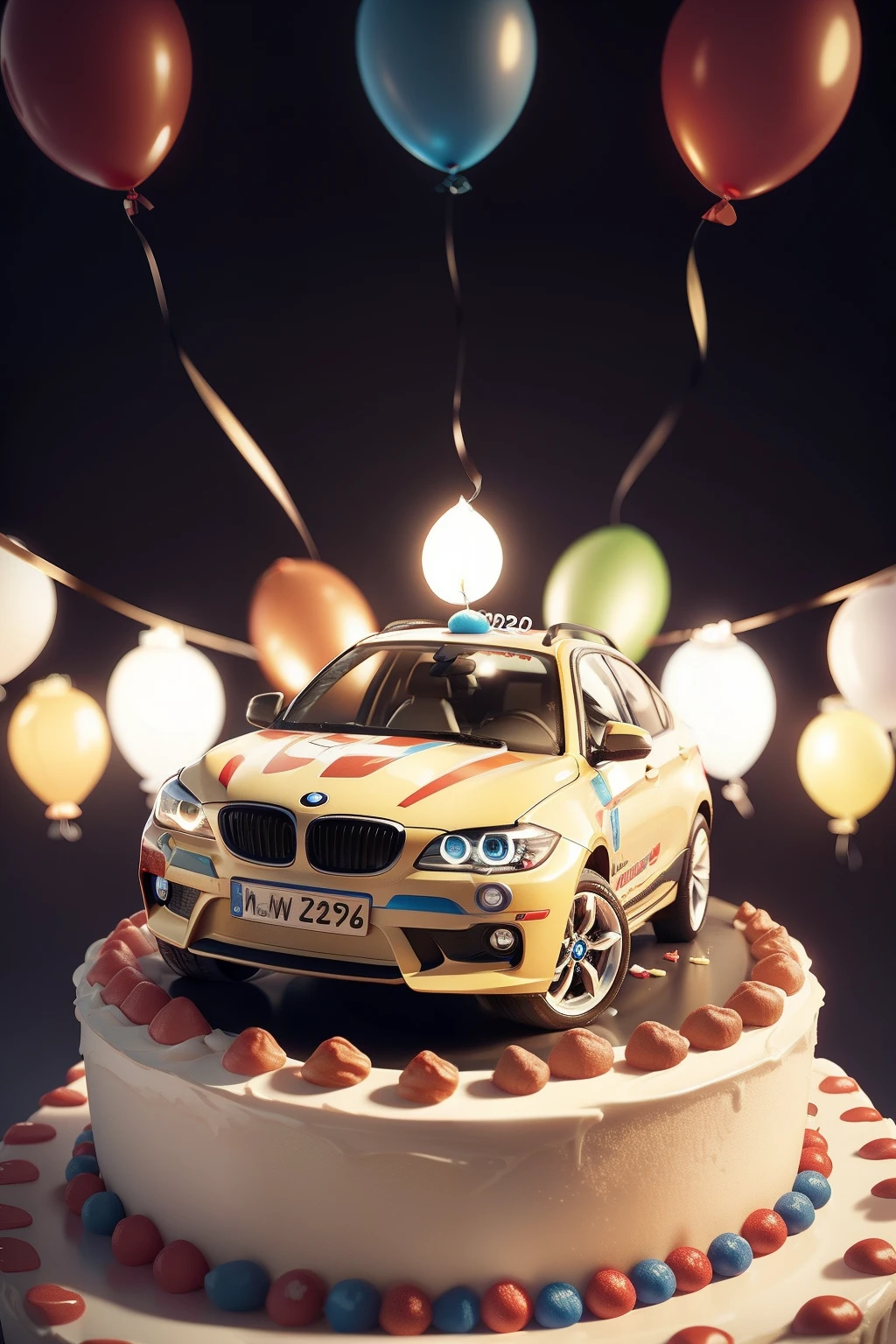 Happy birthday! On the birthday cake is a funny cartoon BMW car. Lots of candles and balloons. Close-up. Lots of details. Festive, fun. Cartoon style Disney Pixar. Super realistic. Cinematic. Light blurred background of the festive table. Light haze.