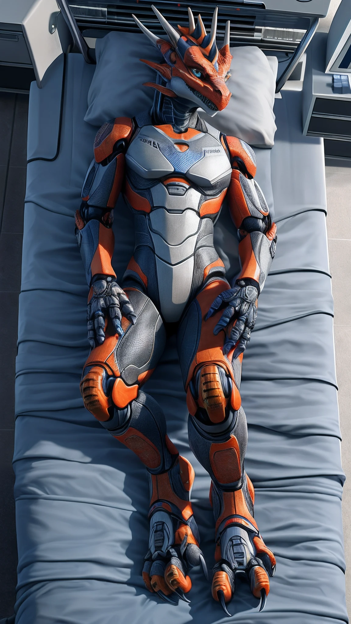 Bionic robot dragon,female,Android,Red Lingeri,sandals,Lying in a hospital bed,Bundled,HD graphics,Detailed and realistic,high detal,high qulity,photo-realistic,photorealistic eye,Detailed paws,Clear eyes,Masterpiece artwork,Five-fingered hands,top-quality,32k,hyper HD,cg art