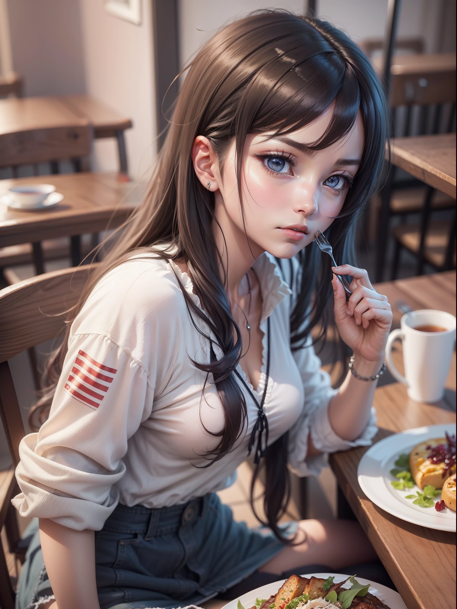 Anime girl sitting at table，There was food and a plate of food, The eyes are melancholy，realistic anime artstyle, Realistic anime 3 D style, Detailed digital anime art, attractive anime girls, Realistic anime art style, 4k manga wallpapers, Beautiful anime girl, 4K anime wallpaper, style of anime4 K, anime realism style, detailed portrait of an anime girl