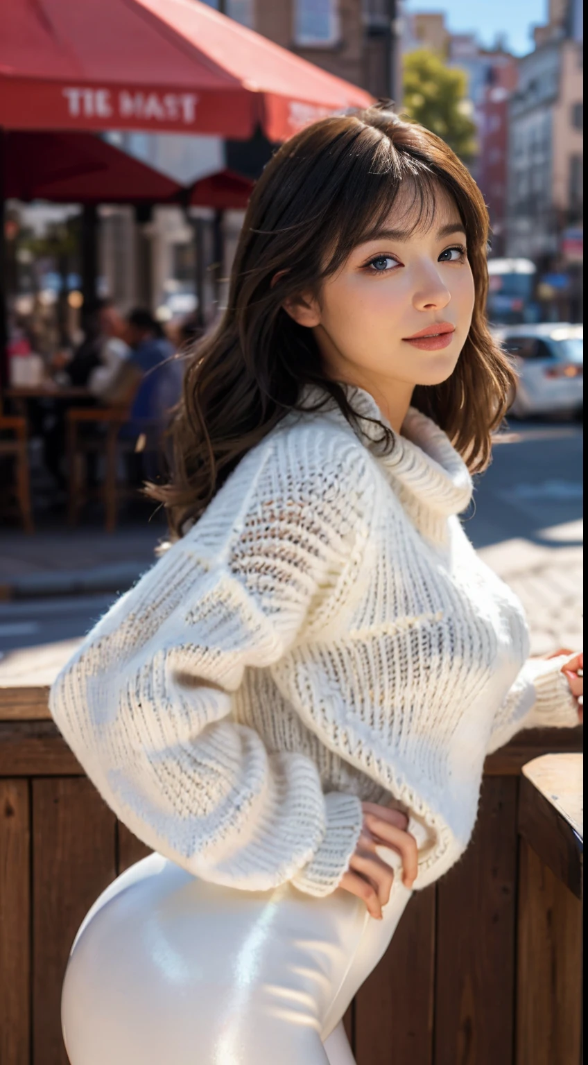 (Masterpiece, Best quality:1.4), (modern times), (Cowboy shot), 1girll, Solo, angle of view, sfv, Stunning girlfriend, (standing:1.1), Dynamic pose, (White oversized sweater, knitted sweater:1.4), (Tight Yoga Pants,dark grey yoga pants:1.4),(Lace,brassier:1.4),long Brond Hair,By bangs,heart - shaped face,Elegant face,beauitful face,High detail face,Highly detailed skin,skin pore,sub surface scattering,(Blue eye details),realistic pupil,crisp breasts,A loving smile,looking at viewert,full blush,'s plump lips,holding a single coffee cup,at centre,coffee shop in background,the city street,Sunnyday, ventania, detailed back ground, depth of fields, atmosphric perspective, Volumetriclighting, Clear focus, absurd res, Realistic proportions, Good anatomy, (realisticlying, Hyper-realistic:1.4), 16K HD,