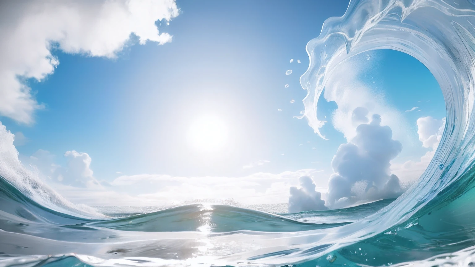 swell sea,A circle formed by ocean waves,Splashing waves,Sunnyday,White sky,high definition detail,Realisticstyle,