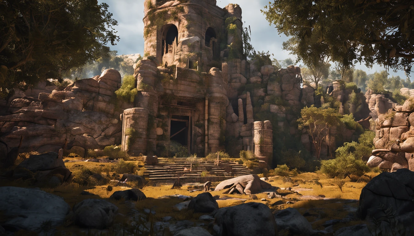 ruins、wild animals、A huge tower in the back of the center