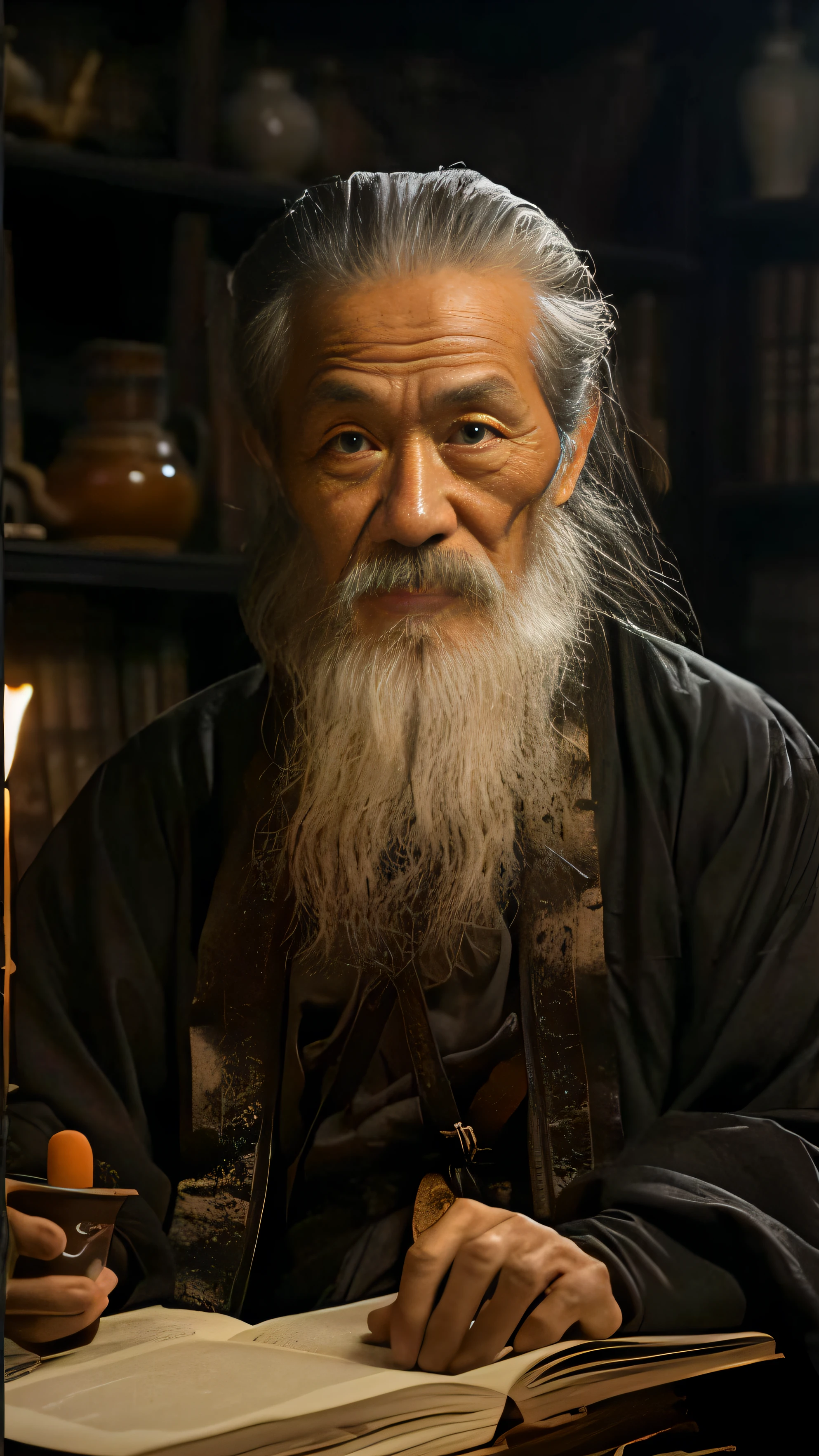 with a long beard,There was an Araffard man in the library, Sharp gaze,Emaciated face,The realistic skin is inspired by Wu Daozi, Taoist, Wise old man, Taoist master, Inspired by Hu Zaobin, author:Cheng Zhengkui, inspired by Li Gonglin, author:Li Meishu, ancient japanese monk, An old man, inspired by Li Zai