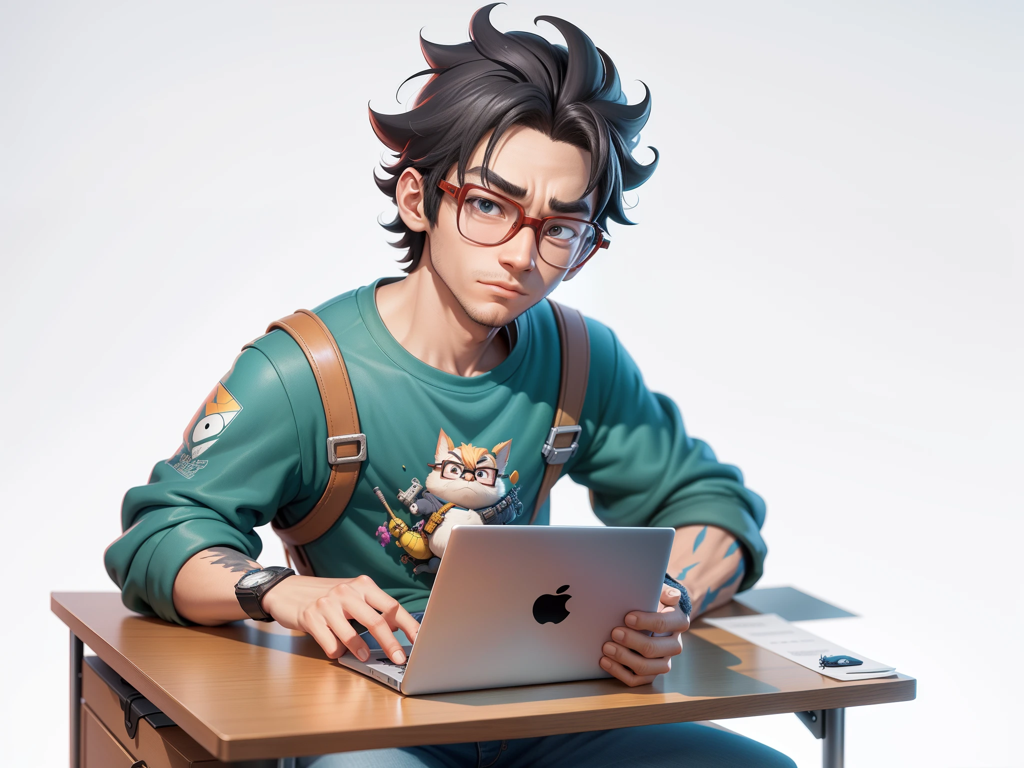 A young man with glasses sits at his desk,holding laptop,digitial painting,3D character design by Mark Clairen and Pixar and Hayao Miyazaki and Akira Toriyama,4K HD illustration,Very detailed facial features and cartoon-style visuals。