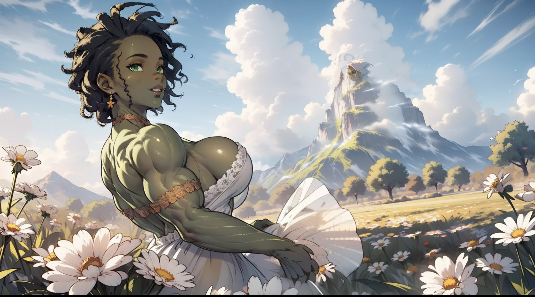 ((Masterpiece)), ((extreme details)), ultra quality, Masterpiece,Ultra-detailed,8k,,realism,Realisitc,\(Detailed Beautiful Face\),\(Hyper-detailed green eyes\), ((dark skin slightly green)), ((1 femme)), femme orque, Muscular woman in short summer dress of light and semi-transparent fabric, Dancing on a field of flowers on a windy day, (Slightly transparent white nightdress), (dark skin slightly green), Regarder le spectateur, sourire affectueux, Gold ring, very muscular body, Silvery white hair, cheveux en queue de cheval, Yeux verts, Muscular sexy fre, massive and huge breasts, uscular ass, moite, wet,ower field as far as the eye can see, ((High Details)), ((Best quality)), 8k, realism, Ray Tracing, reflection light, textured skin, Rendu CG3D, lighting cinematic,
