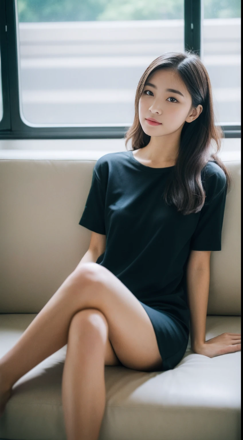 ((Best picture quality, 8K, tmasterpiece:1.3)), 1girll, Casual hairstyle, (shift dresses:1.3),(wet see through clothes:1.4),Ultra-fine face, A detailed eye, 二重まぶた,(long leges:1.4),(athletic sneakers:1.3)Erlang legs,Sit sideways on the sofa