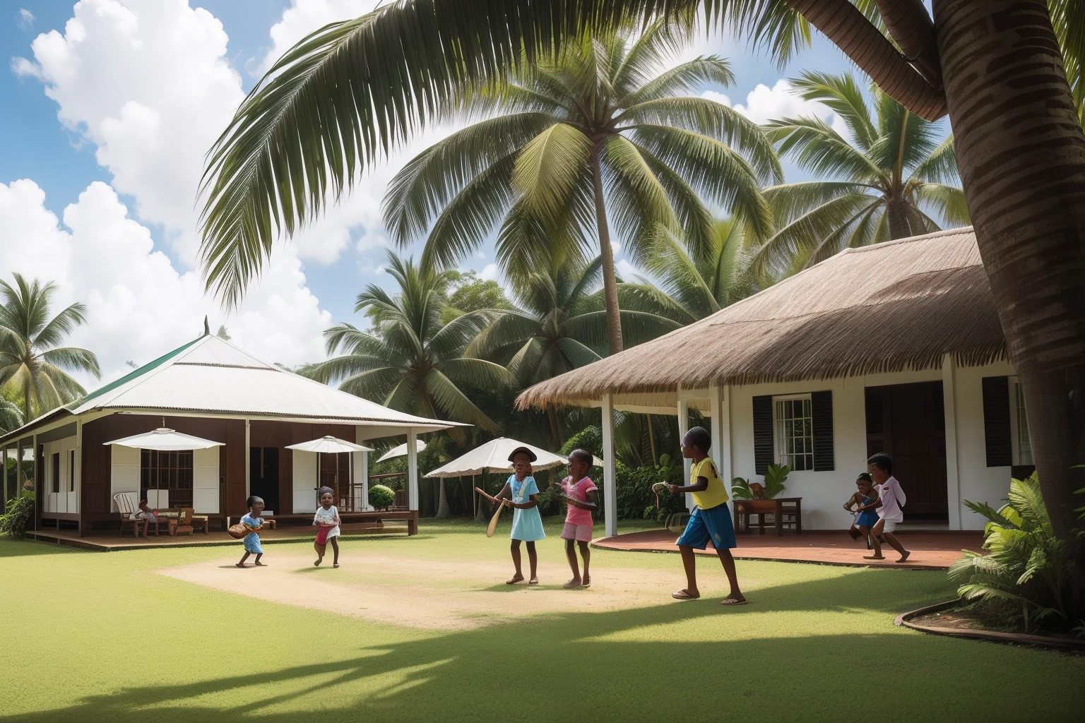 Year: 2019
Country: Suriname
Description: In Paramaribo, a group of friends gathers at a charming wooden villa. Children and tweens engage in a lively game of cricket on the well-manicured lawn, while adults enjoy a delightful afternoon tea under the shade of palm trees.