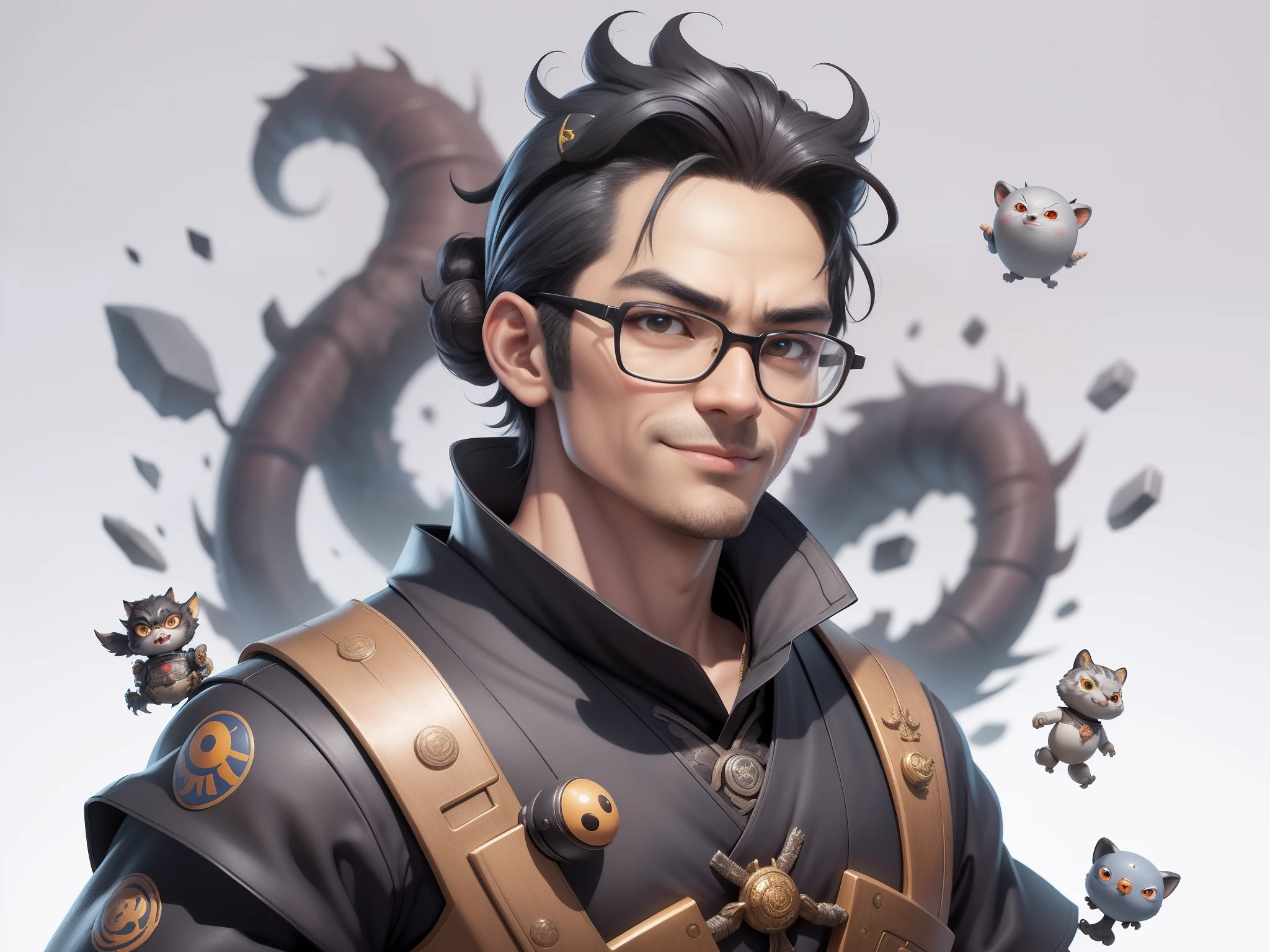 (Masterpiece), (Excellent), (Super Meticulous), (Full Body: 1.2), Super Young Man with Japanese Female Geisha, Pretty, Beautiful, Chinese Dragon, Tiger, Wind God Thor, Sexy, Bursting, Oriental Face, TV Anchor, Bust Portrait Illustration, Black Suit, Blue Tie, Slightly Chubby Face, Silver Glasses, Very Clean Face, No Beard on Chin, Black Super Short Hair, Black Eyes, Confident Smile, 3c Computer Sub-Products, iPad, iPhone, Digital Painting, 3D character design by Mark Clairedon and Pixar and Hayao Miyazaki and Akira Toriyama, the illustrations are HD illustrations in 4K resolution with highly detailed facial features and cartoon-style visuals.