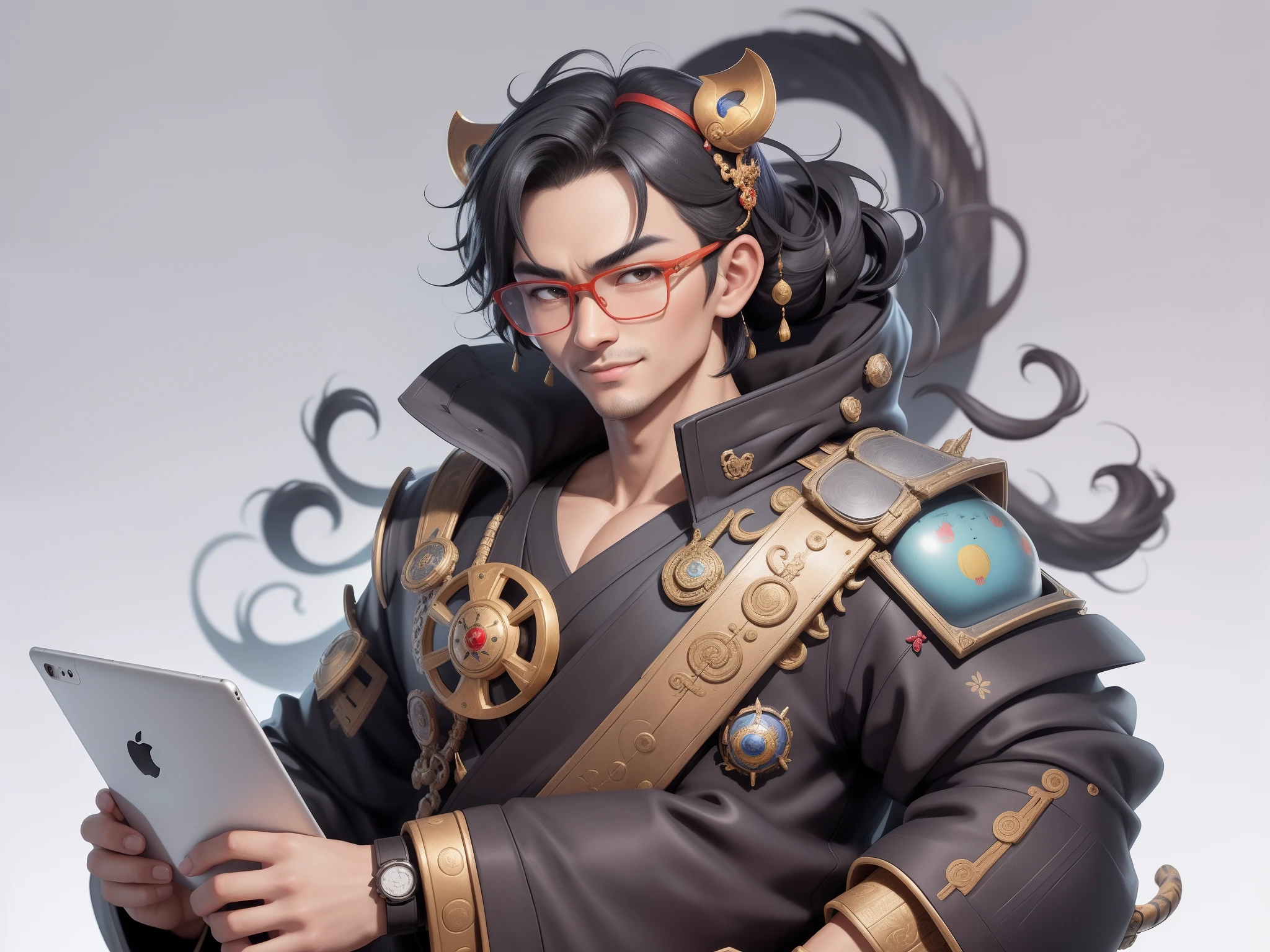 (Masterpiece), (Excellent), (Super Meticulous), (Full Body: 1.2), Super Young Man with Japanese Female Geisha, Pretty, Beautiful, Chinese Dragon, Tiger, Wind God Thor, Sexy, Bursting, Oriental Face, TV Anchor, Bust Portrait Illustration, Black Suit, Blue Tie, Slightly Chubby Face, Silver Glasses, Very Clean Face, No Beard on Chin, Black Super Short Hair, Black Eyes, Confident Smile, 3c Computer Sub-Products, iPad, iPhone, Digital Painting, 3D character design by Mark Clairedon and Pixar and Hayao Miyazaki and Akira Toriyama, the illustrations are HD illustrations in 4K resolution with highly detailed facial features and cartoon-style visuals.