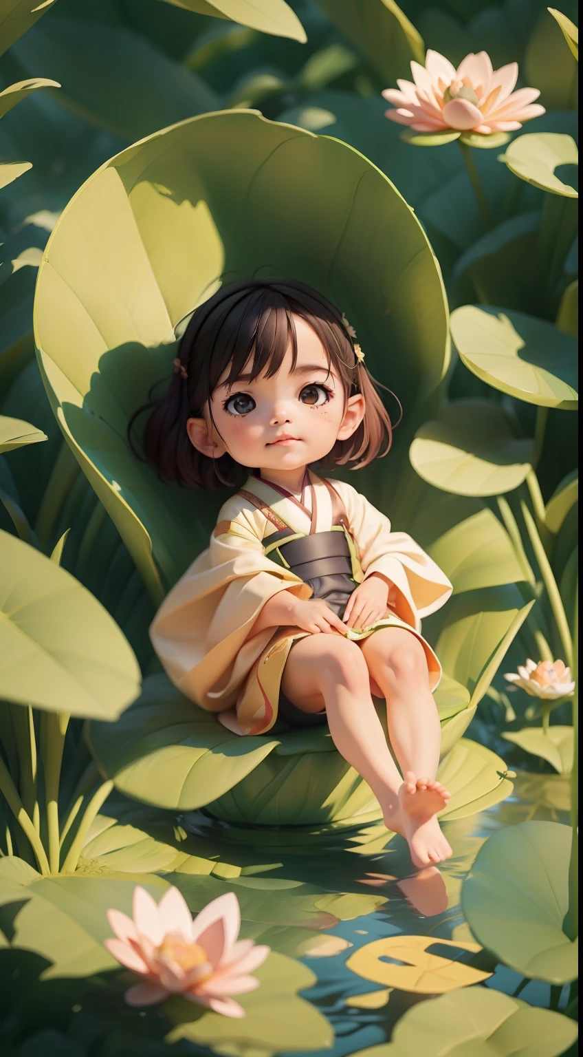 Pods full of lotus flowers, A boy happily sits on the lotus leaves of a pod, Huge lotus leaf, Barefoot, Dressed in white and green Hanfu, Light and shadow, A masterpiece