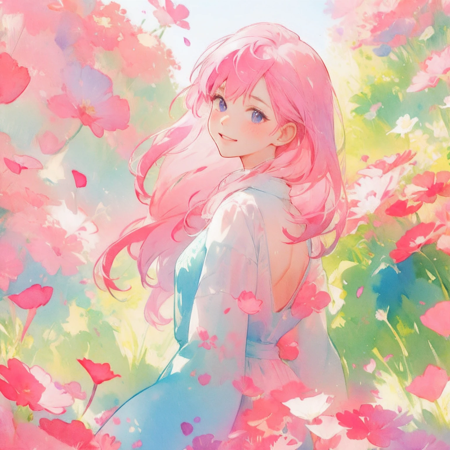 （Best Quality，巨作，watercolor，Splash Ink），1 Beautiful and delicate image of a girl，Playful and cute，Rear petals drift, Purple and pink color combinations