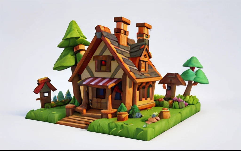 Cartoon style, polygon, game architecture design, fantasy, beautiful house, forest architecture, small animals, casual game style, creative, best detail, 3d, blender, Masterpiece, best quality, cartoon rendering, 8K