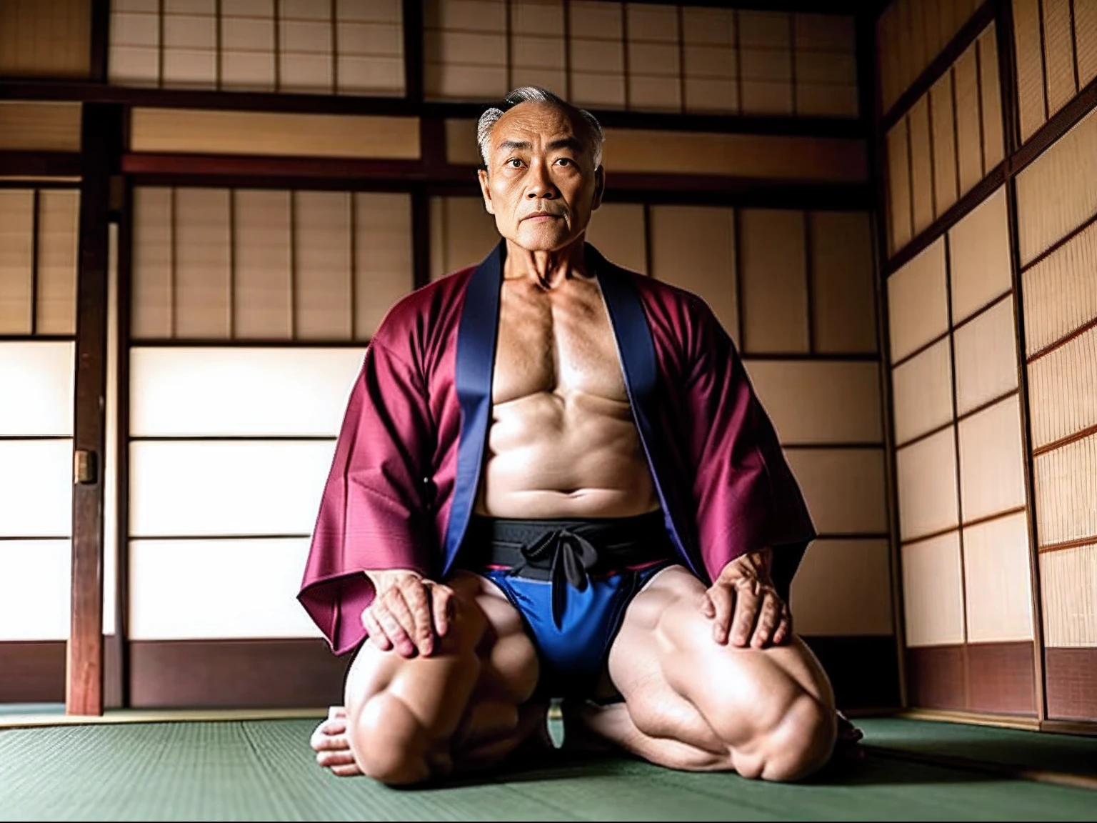 (male people),60 years old,Handsome old man,Samurai clothes,Strong build,(in a kimono,The hem opens),The reveal panties,In old Japanese houses,On tatami,large bulge,The crotch faces the camera,The camera is focused on the crotch,High fidelity,Sexy action,Hands touching the crotch,Sexy action,Wear socks,well-illuminated,Warm lighting