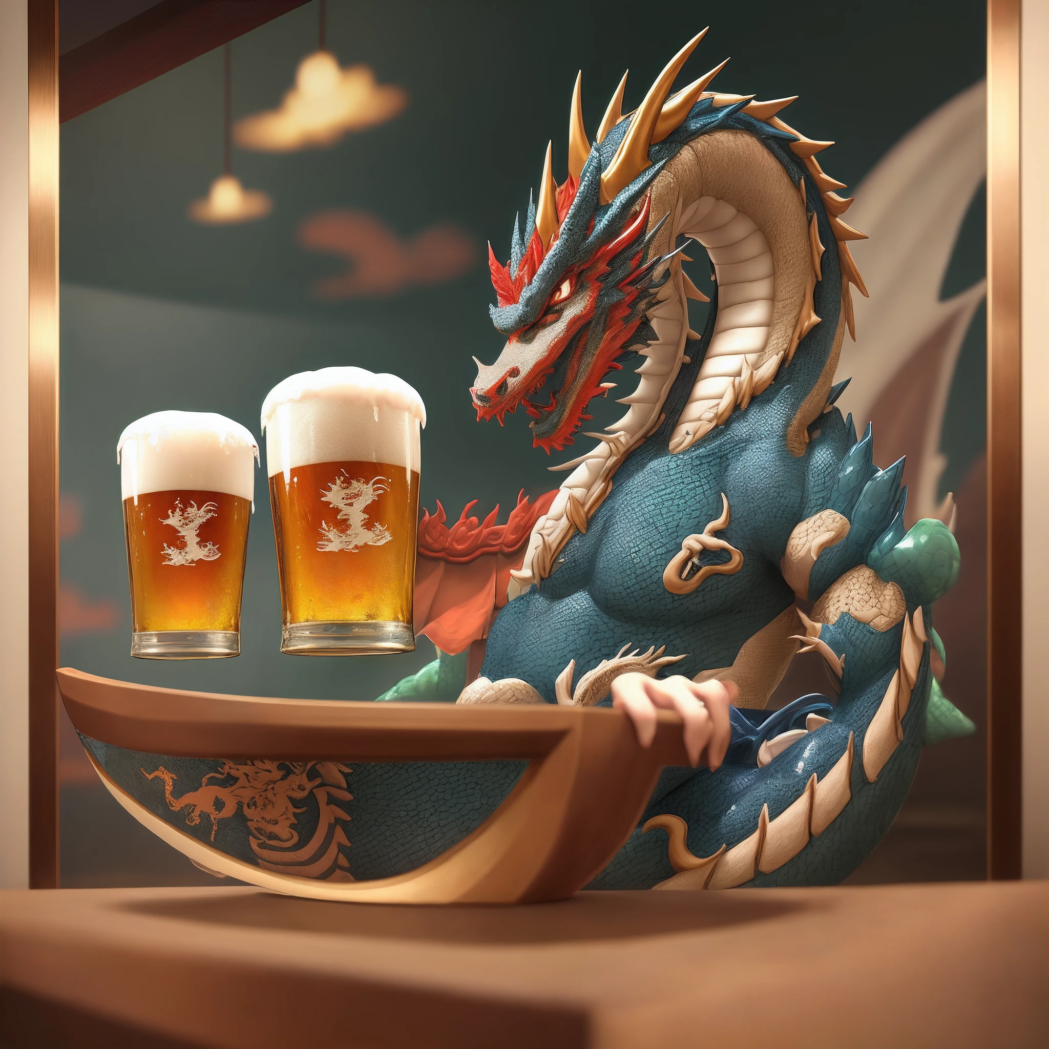 Beer glass with Chinese dragon background