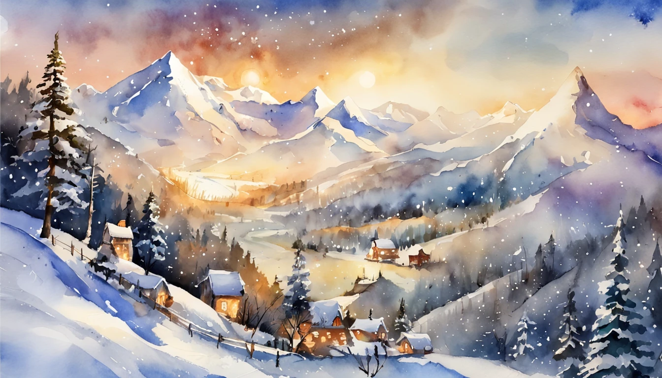 snow mountains,yukito,Christmas tree,The peaks are covered in snow,The golden sun shines on the mountains,Snowman nearby,The snowman's face is full of happy smiles,There are also several Christmas trees next to it,Decorative lamps hang above,in a panoramic view,k hd,A masterpiece