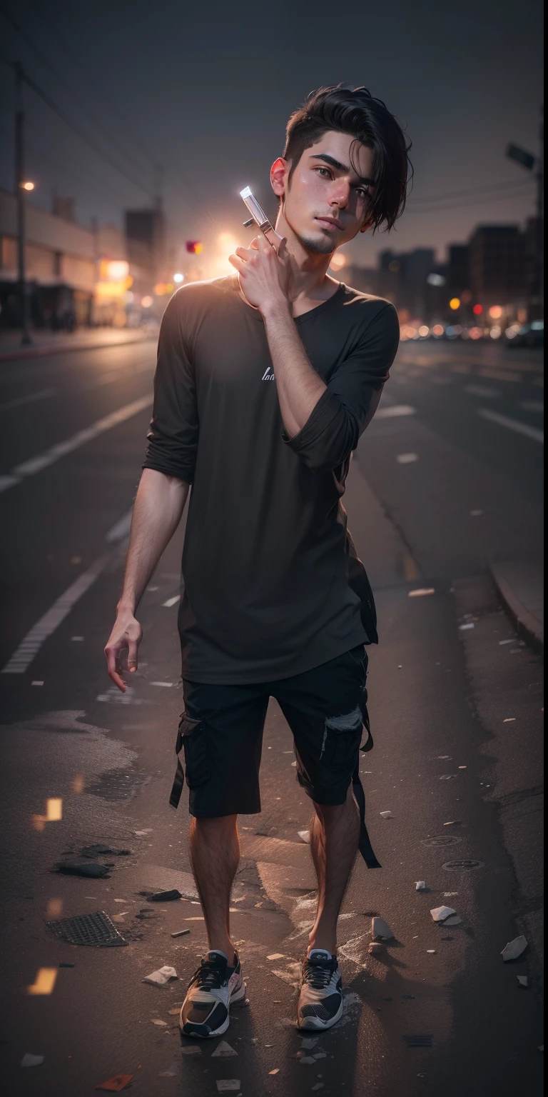 RAW photography, portrait of a 25 year old man in casual clothes, night, city street, (high resolution skin: 1.2), 8K UHD, DSLR, soft lighting, high quality, film grain, fujifilm XT3