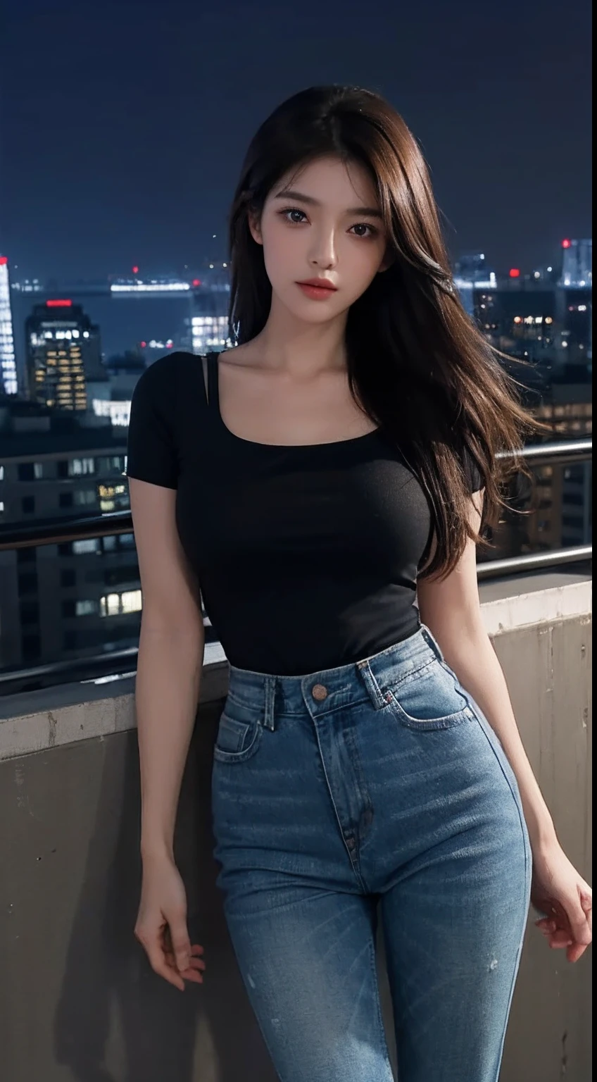 ((Midnight, Best quality, 8k, Masterpiece :1.3)), Whole body, Long legs, Sharp focus :1.2, A pretty woman with perfect figure :1.4, Slender abs :1.1, ((Dark brown hair, Big breasts :1.2)), (White tight tshirt, Jean bib, Standing:1.2), ((Night city view, Rooftop:1.3)), Highly detailed face and skin texture, Detailed eyes, Double eyelid